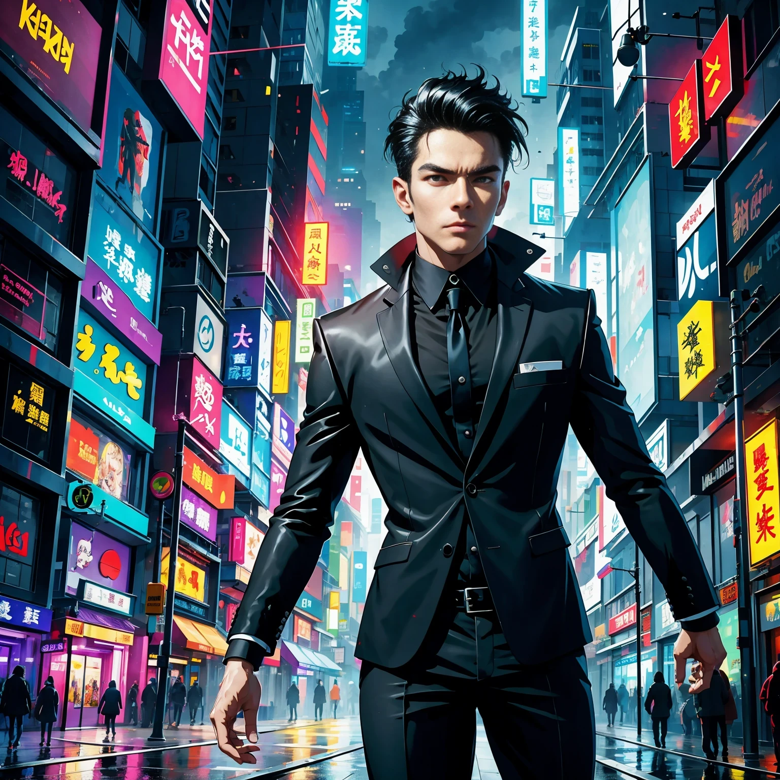 (masterpiece, best quality:1.2), Graffiti caricatures,full image, High resolution and high contrast,simple,rainy night,Futuristic male agent, His face is very determined, intense gaze, shiny black hair, Detailed futuristic silver pistol,,wearing black suit,, Stylish and well-fitting, dynamic action poses, Light, futuristic city background, neon Lights, Sci-fi atmosphere, strong shadow, smoke and fog, High-tech products, 神秘的Light环,alone,Abstract surreal colors, popular geometric surrealism, rainbow colored dreams