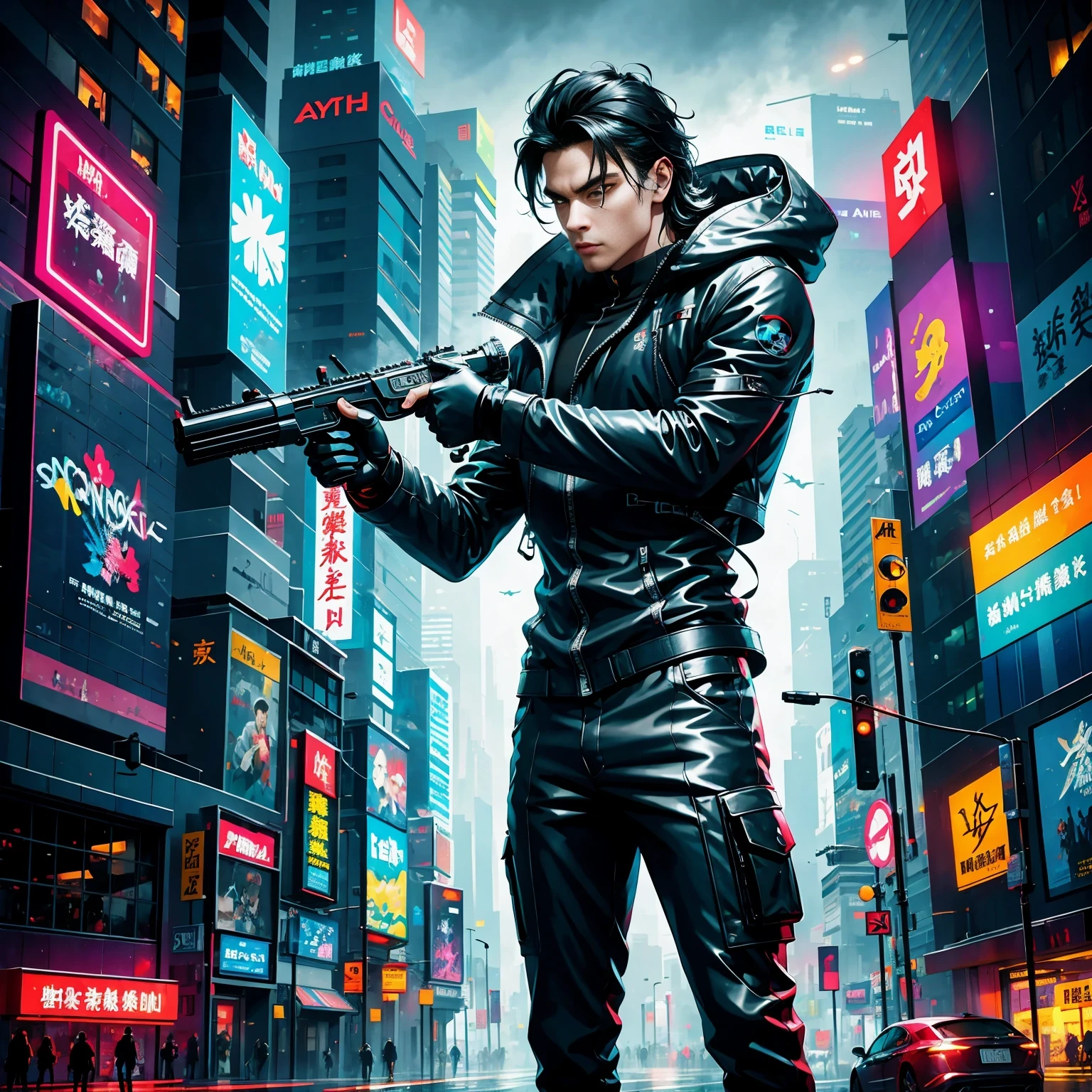 (masterpiece, best quality:1.2), Graffiti caricatures,full image, High resolution and high contrast,simple,rainy night,Futuristic male agent, His face is very determined, intense gaze, shiny black hair, Detailed futuristic silver pistol,,wearing black suit,, Stylish and well-fitting, dynamic action poses, Light, futuristic city background, neon Lights, Sci-fi atmosphere, strong shadow, smoke and fog, High-tech products, 神秘的Light环,alone,Abstract surreal colors, popular geometric surrealism, rainbow colored dreams