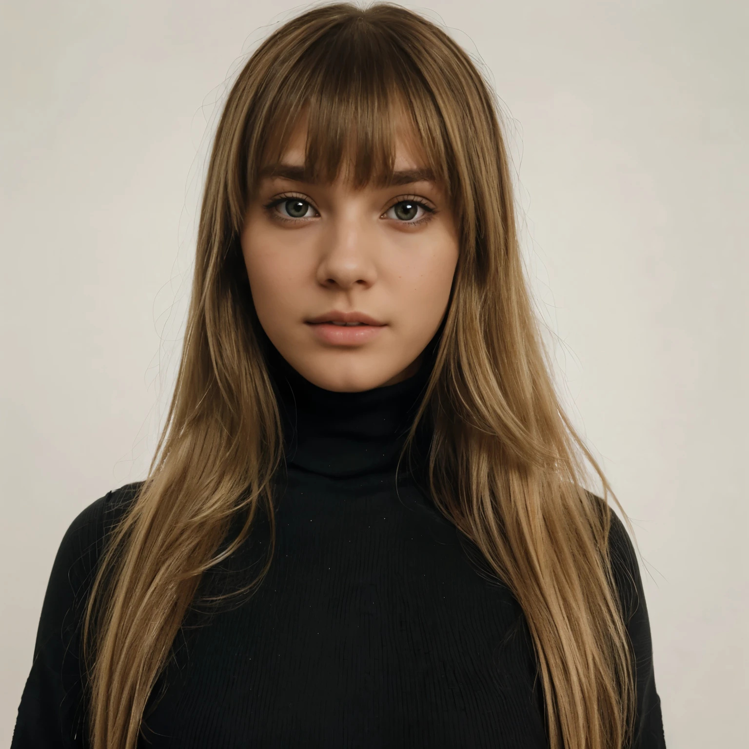 close up on the body of a girl with blonde long hair with bangs wearing a black turtleneck, On a white background
