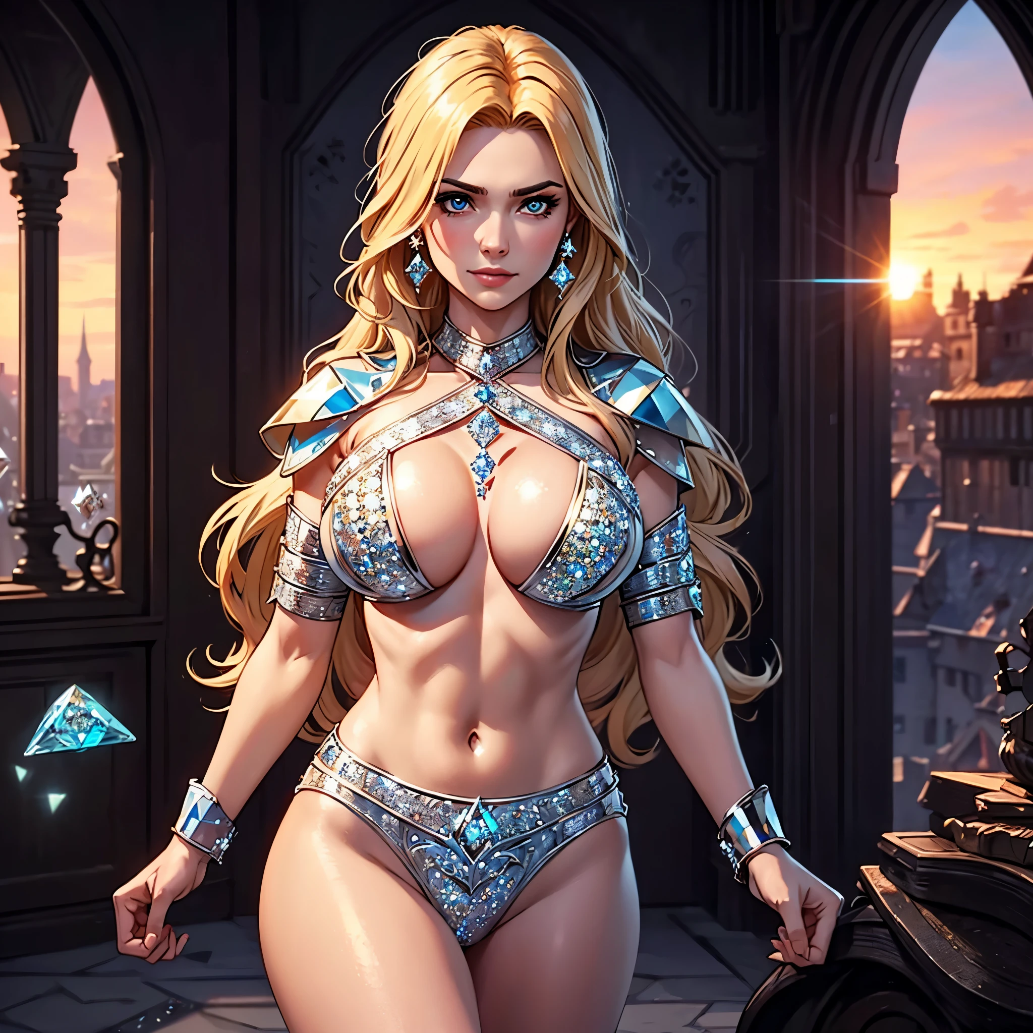 Medieval fantasy setting, masterpiece, extremely beautiful twenty years blonde Sweden woman, armour ((full of many diamonds:1.7)), ((diamond armour)), confident, powerful, strong, fit, long wavy blond hair, warrior, luxury, beauty, beautiful intense eyes, determined face, slightly smiling, Caucasian european, intense, sunset, huge perky breasts, underboob, badass, peekaboo cleavage, perfect shot, cinematic close shot