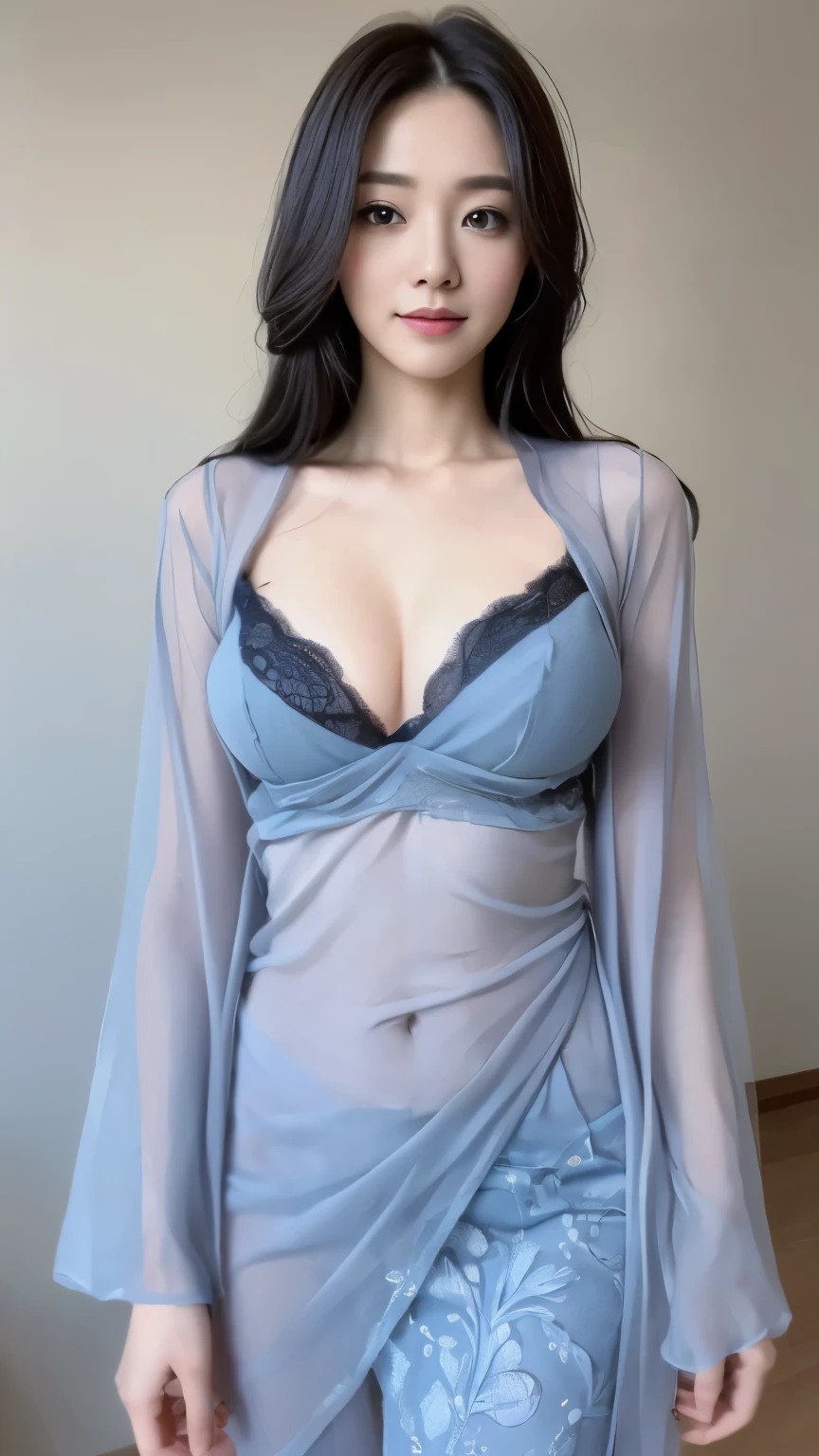 ((top-quality、8k、masterpiece:1.3))、Beautiful woman with perfect body:1.4、slim abdomen:1.2、Longhair, normal breast, Highly detailed facial and skin texture, A detailed eye, delicate eyes, double eyelid, (smile), (full body shot), ((studio)), (standing), (((wearing blue kebaya)), looking in front, (plain grey background)