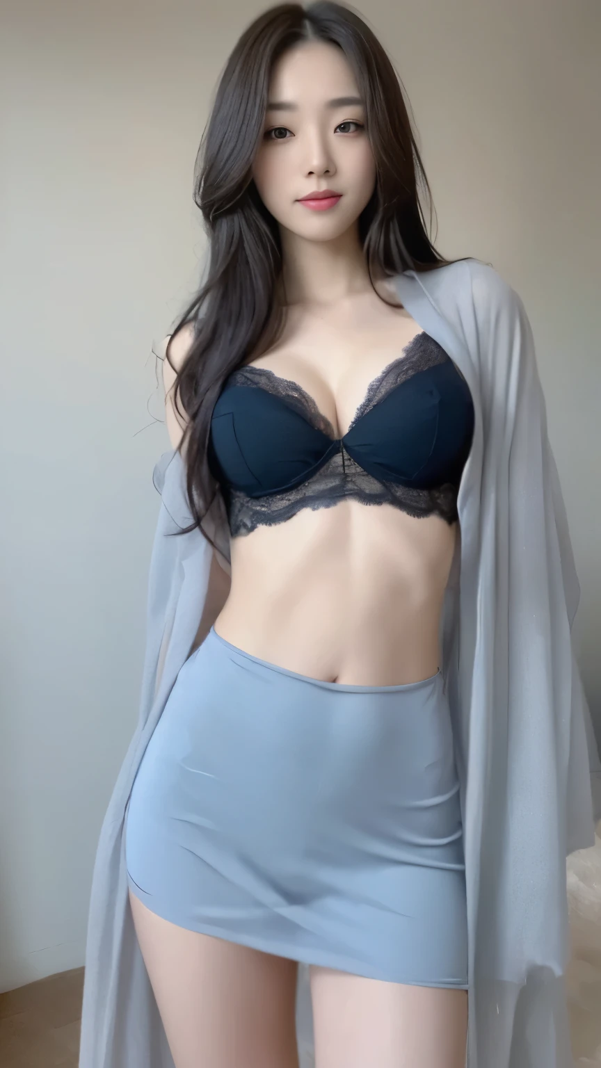 ((top-quality、8k、masterpiece:1.3))、Beautiful woman with perfect body:1.4、slim abdomen:1.2、Longhair, normal breast, Highly detailed facial and skin texture, A detailed eye, delicate eyes, double eyelid, (smile), (full body shot), ((studio)), (standing), (((wearing blue kebaya)), looking in front, (plain grey background)