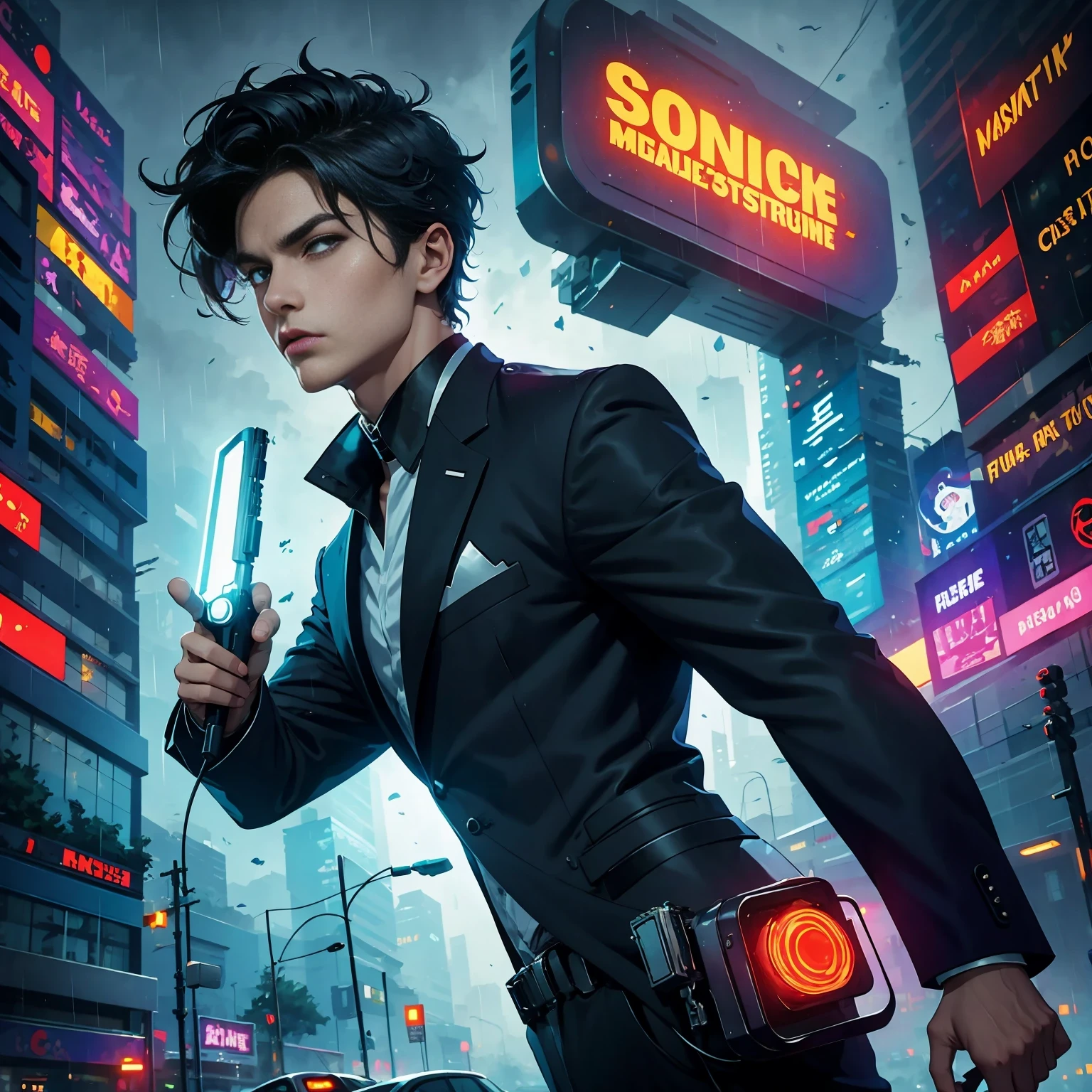 (masterpiece, best quality:1.2), Graffiti caricatures,full image, High resolution and high contrast,simple,rainy night,Futuristic male agent, His face is very determined, intense gaze, shiny black hair, Detailed futuristic silver pistol,,wearing black suit,, Stylish and well-fitting, dynamic action poses, Light, futuristic city background, neon Lights, Sci-fi atmosphere, strong shadow, smoke and fog, High-tech products, 神秘的Light环,alone,Abstract surreal colors, popular geometric surrealism, rainbow colored dreams