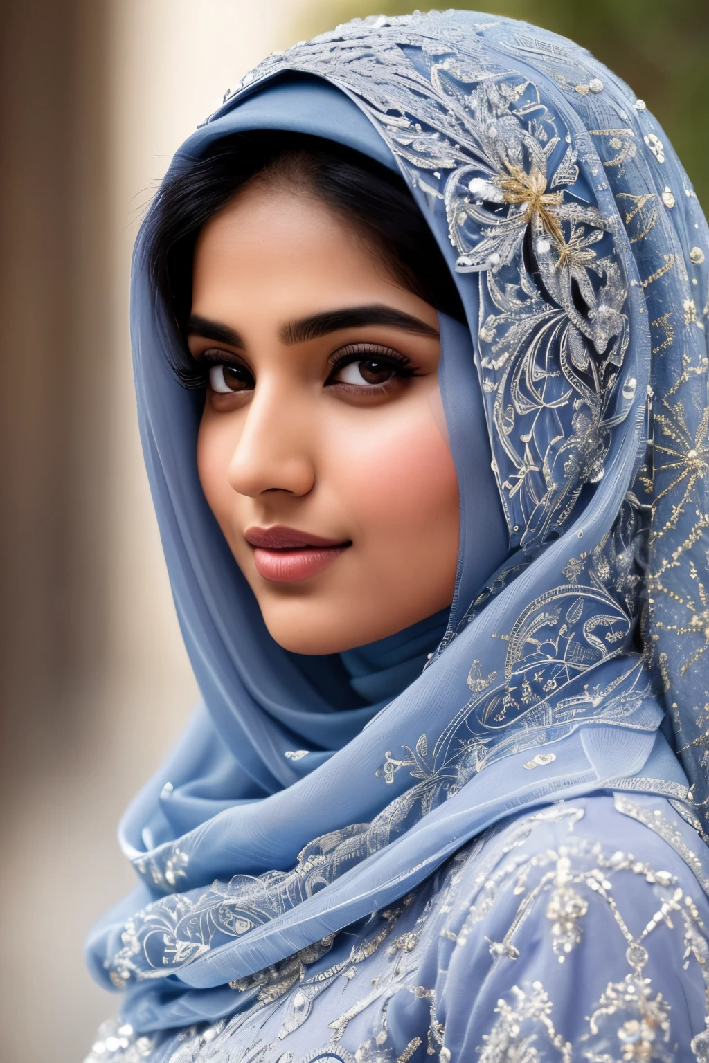 Bild blue color palette hijab Girl, realistic background, non model shot, unblurred people in background