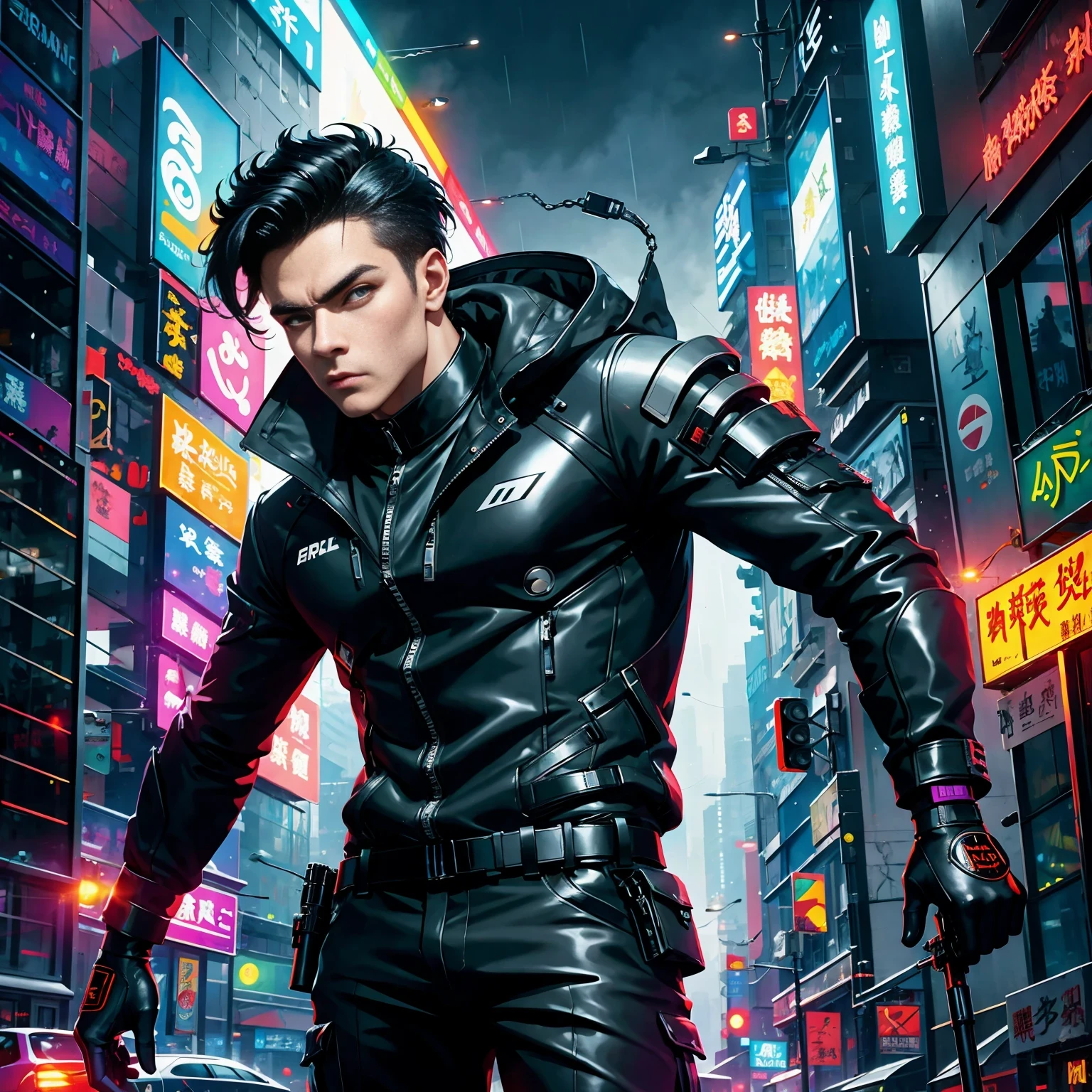 (masterpiece, best quality:1.2), Graffiti caricatures，full image, High resolution and high contrast,simple,rainy night，Futuristic male agent, His face is very determined, intense gaze, shiny black hair, Detailed futuristic silver pistol,,wearing black suit,, Stylish and well-fitting, dynamic action poses, Light, futuristic city background, neon Lights, Sci-fi atmosphere, strong shadow, smoke and fog, High-tech products, 神秘的Light环，alone，Abstract surreal colors, popular geometric surrealism, rainbow colored dreams