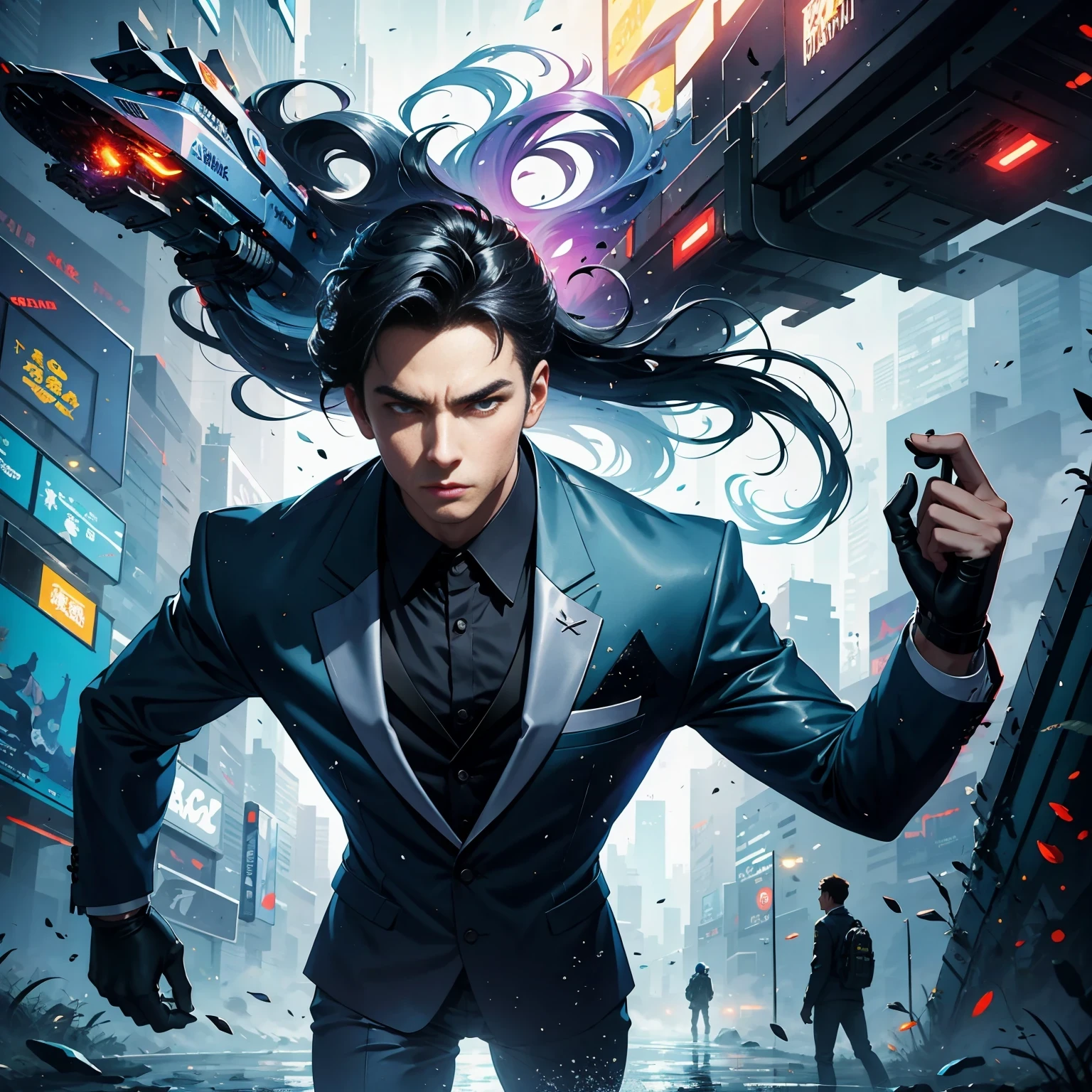 (masterpiece, best quality:1.2), Graffiti caricatures,full image, High resolution and high contrast,simple,rainy night,Futuristic male agent, His face is very determined, intense gaze, shiny black hair, Detailed futuristic silver pistol,,wearing black suit,, Stylish and well-fitting, dynamic action poses, Light, futuristic city background, neon Lights, Sci-fi atmosphere, strong shadow, smoke and fog, High-tech products, 神秘的Light环,alone,Abstract surreal colors, popular geometric surrealism, rainbow colored dreams