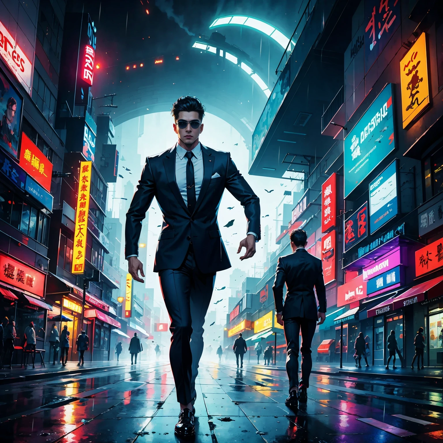 (masterpiece, best quality:1.2), Graffiti caricatures,full image, High resolution and high contrast,simple,rainy night,Futuristic male agent, His face is very determined, intense gaze, shiny black hair, Detailed futuristic silver pistol,,wearing black suit,, Stylish and well-fitting, dynamic action poses, Light, futuristic city background, neon Lights, Sci-fi atmosphere, strong shadow, smoke and fog, High-tech products, 神秘的Light环,alone,Abstract surreal colors, popular geometric surrealism, rainbow colored dreams