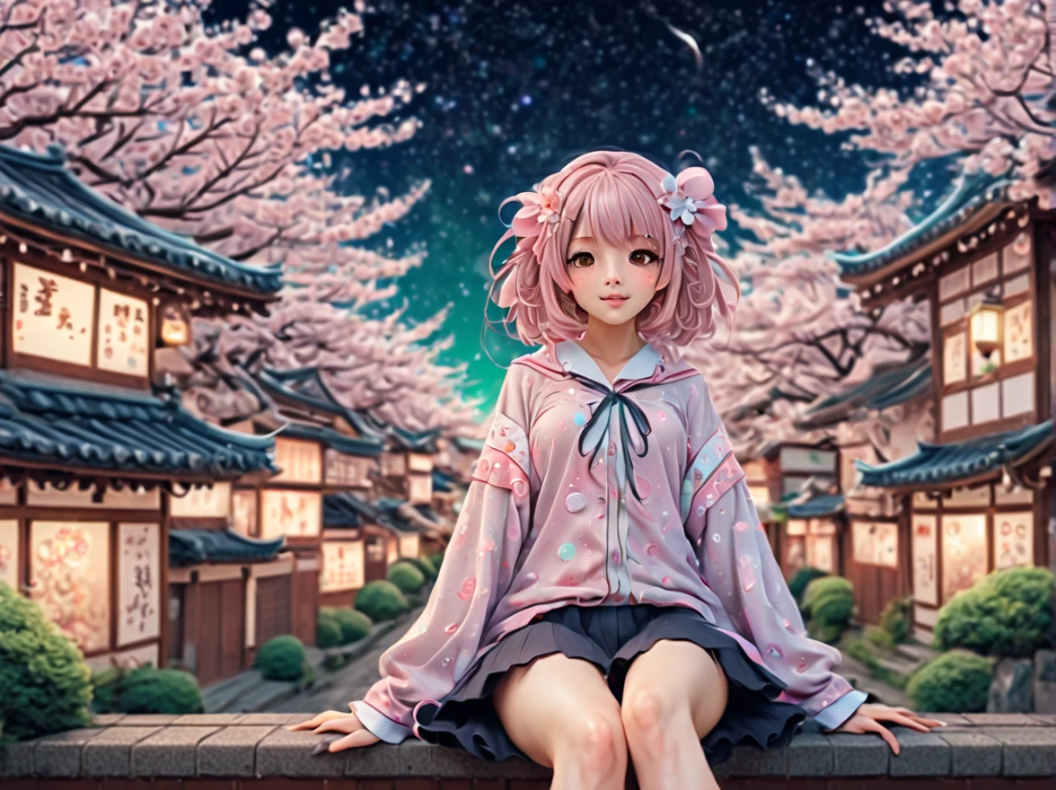 (best quality, highres, ultra sharp), (magical cute sakura maiden:1.2). with (exaggerated hair, huge fluffy hair, expanded hair, exagerated voluminous hair, small freckles, green sweater with small dots, details, horsehair, fluffy, socks, magic background, cute art deco buildings, flowing lines, clean and crisp outlines, zentangle hair style, zentangle, starry sky, 3d crunch, cinematic, full body with long legs, from head to shoes, multiple sides view, split image in 2 parts,