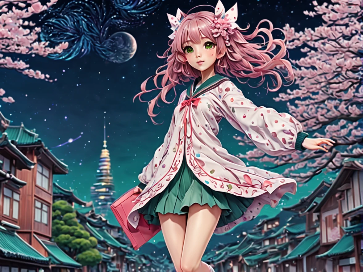 (best quality, highres, ultra sharp), (magical cute sakura maiden:1.2). with (exaggerated hair, huge fluffy hair, expanded hair, exagerated voluminous hair, small freckles, green sweater with small dots, details, horsehair, fluffy, socks, magic background, cute art deco buildings, flowing lines, clean and crisp outlines, zentangle hair style, zentangle, starry sky, 3d crunch, cinematic, full body with long legs, from head to shoes, multiple sides view, split image in 2 parts,