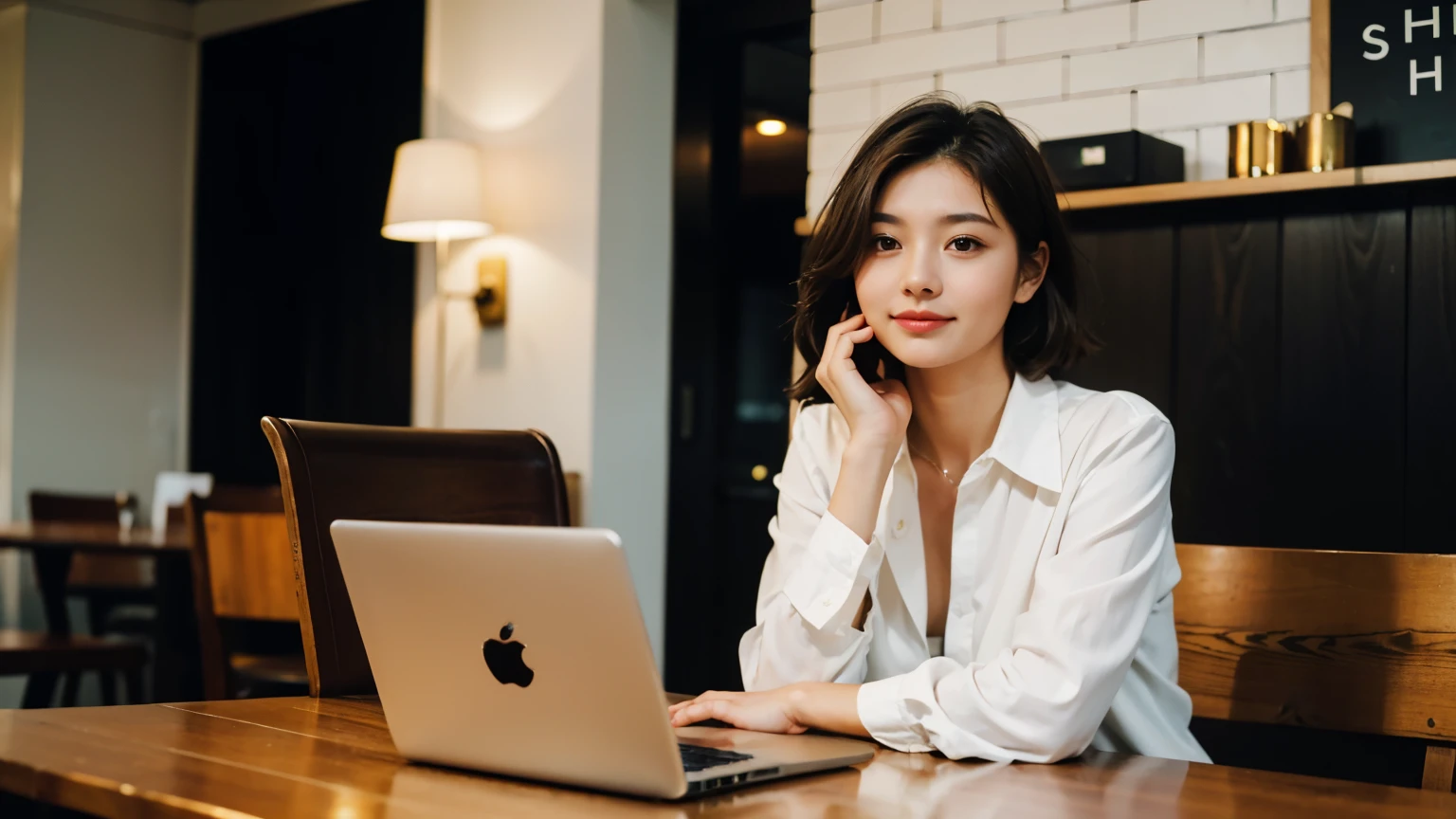 ((highest quality)), ((masterpiece)), (be familiar with), perfect face,A stylish beautiful female college student with medium short brown hair is working remotely using a laptop and smartphone at a cafe in New York.