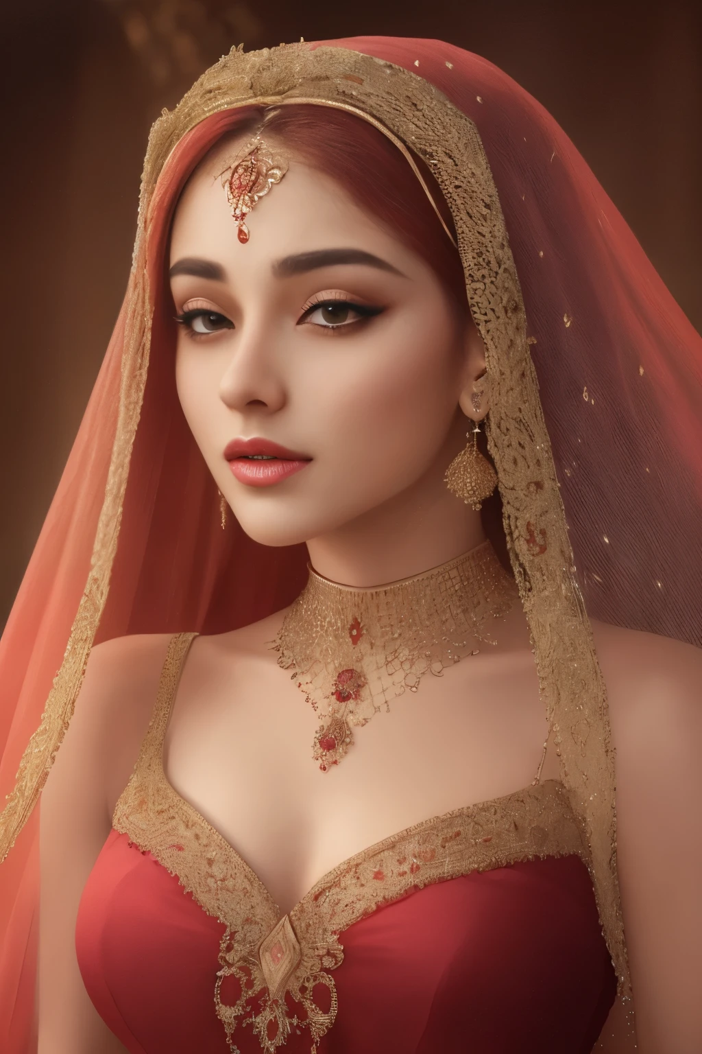 a close up of a woman wearing a gradient red crystal jewel veil and a gold head piece, stunning digital illustration, face covered in beautiful veil,4k highly detailed digital art, beautiful digital artwork, arabian beauty, beautiful digital illustration, 8k stunning artwork, 8k high quality detailed art, intricate wlop, detailed beauty portrait, arabian princess, detailed beautiful portrait, beautiful art uhd 4 k