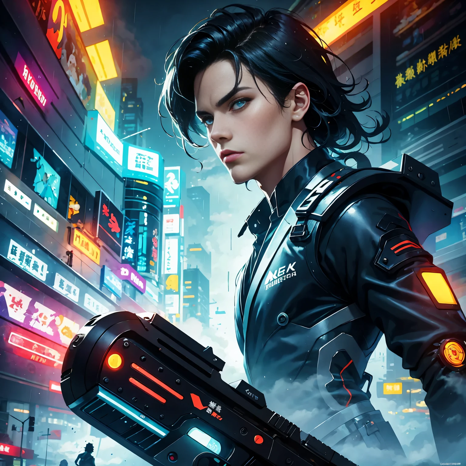 (masterpiece, best quality:1.2), Graffiti caricatures,full image, High resolution and high contrast,simple,rainy night,Futuristic male agent, His face is very determined, intense gaze, shiny black hair, Detailed futuristic silver pistol,,wearing black suit,, Stylish and well-fitting, dynamic action poses, Light, futuristic city background, neon Lights, Sci-fi atmosphere, strong shadow, smoke and fog, High-tech products, 神秘的Light环,alone,Abstract surreal colors, popular geometric surrealism, rainbow colored dreams