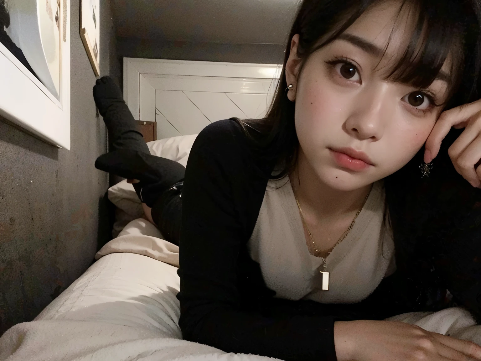 Hay una mujer acostada en una cama con un perro, cruel korean gothic girl, ulzzang, 4k ], 4k], 8K)), ojos dormitorio, muchacha coreana, con negro, en mi cama, sun yunjoo, 8K!!, heonhwa choe, noche tranquila. tiro por encima del hombro, sentada en su cama, sentado en la cama