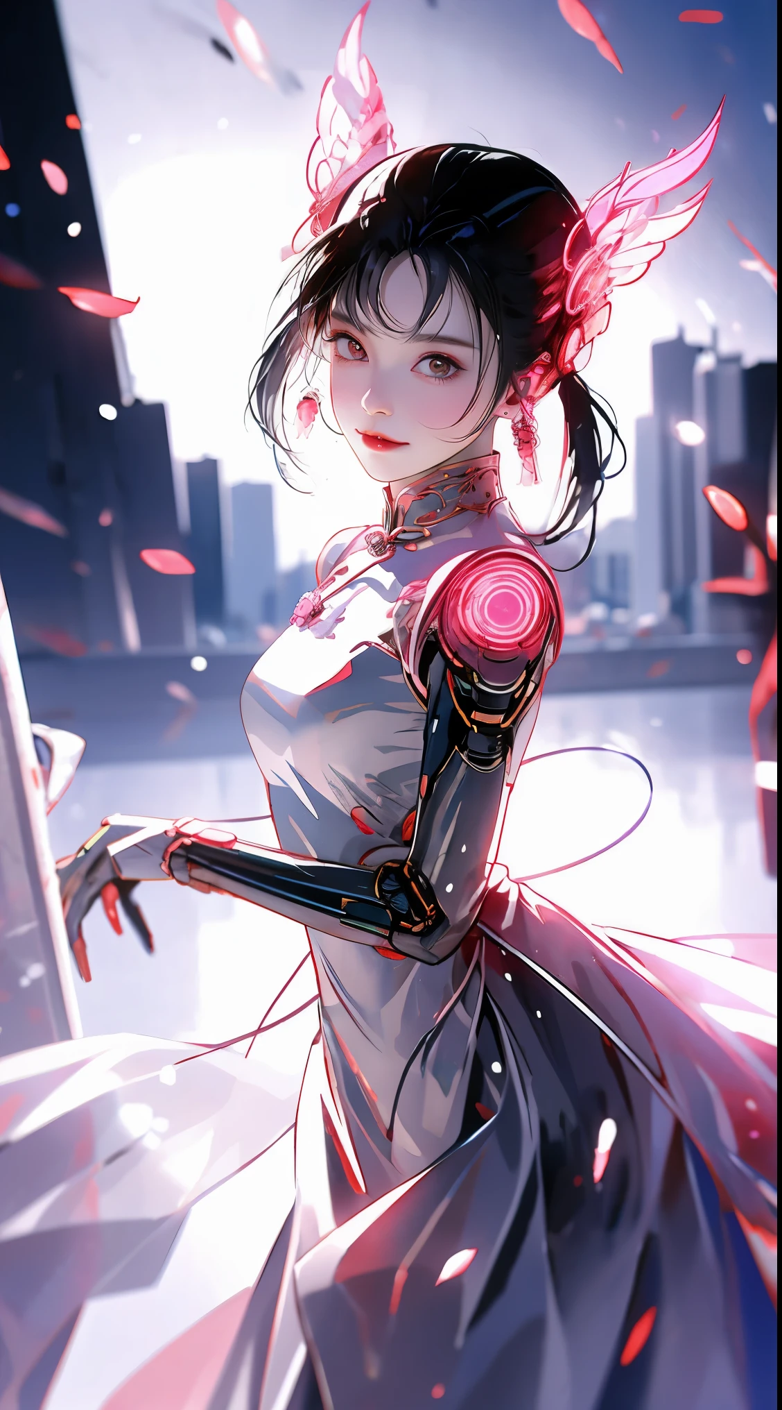 1 girl, Chinese_clothing, liquid silver and pink, cyberhan, cheongsam, cyberpunk city, dynamic poses, Luminous headphones, Luminous hair accessories, long hair, Luminous earrings, glow necklace, cyberpunk, 高science and technology城, full of mechanical and futuristic elements, futuristic, science and technology, glowing neon lights, pink, pink light, Transparent tulle, Transparent streamers, laser,