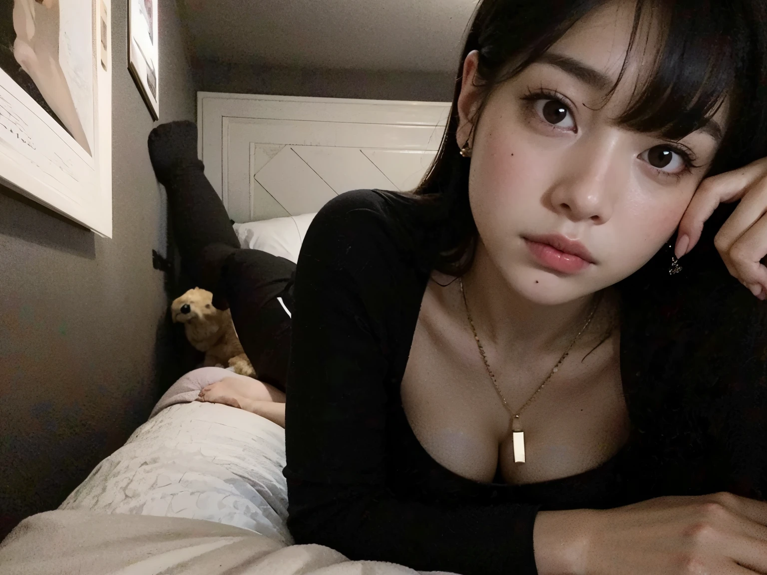 Hay una mujer acostada en una cama con un perro, cruel korean gothic girl, ulzzang, 4k ], 4k], 8K)), ojos dormitorio, muchacha coreana, con negro, en mi cama, sun yunjoo, 8K!!, heonhwa choe, noche tranquila. tiro por encima del hombro, sentada en su cama, sentado en la cama