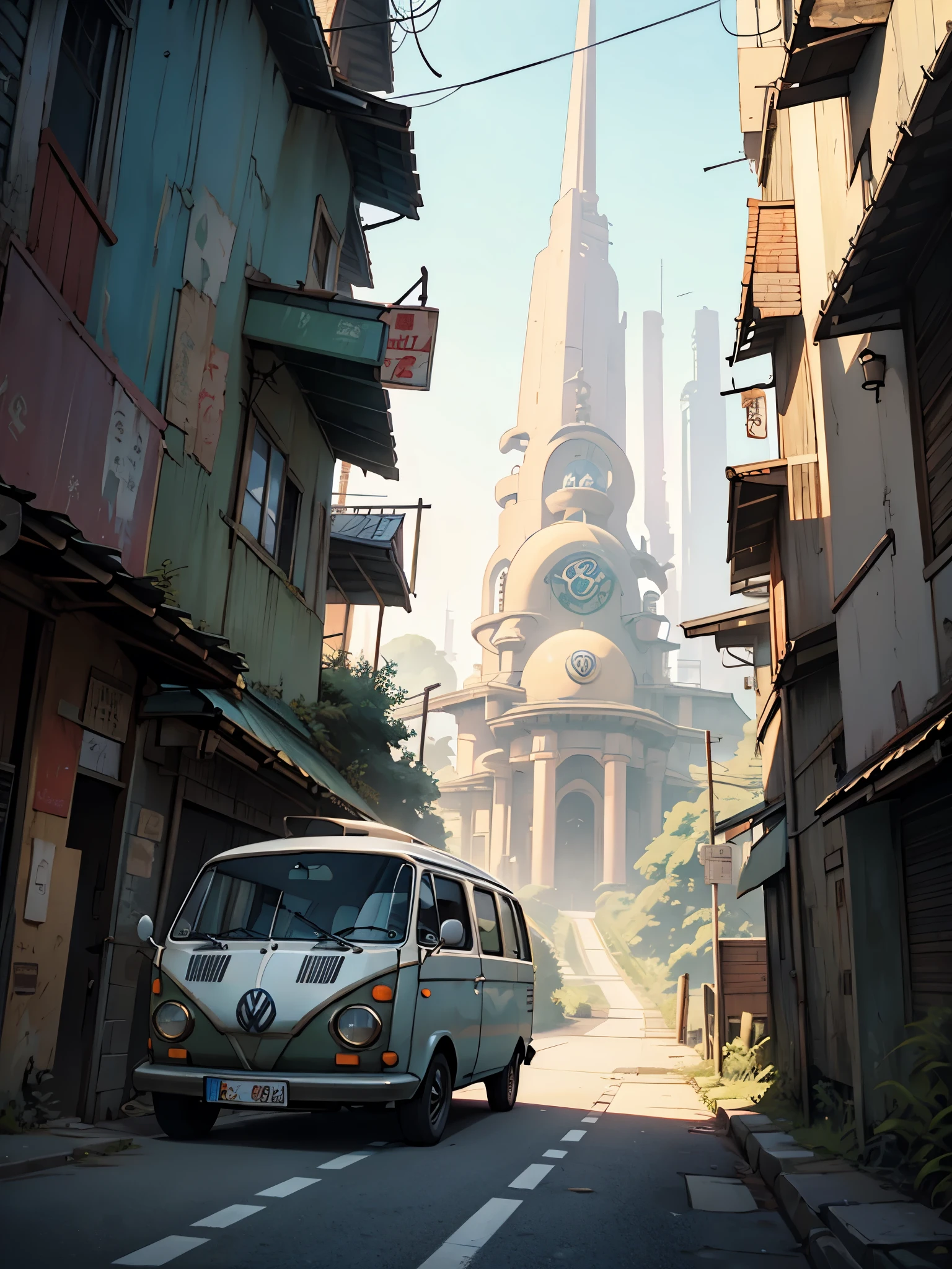 serpentine road,post-apocalypse,road to heaven,studio Ghibli,Volkswagen T1
