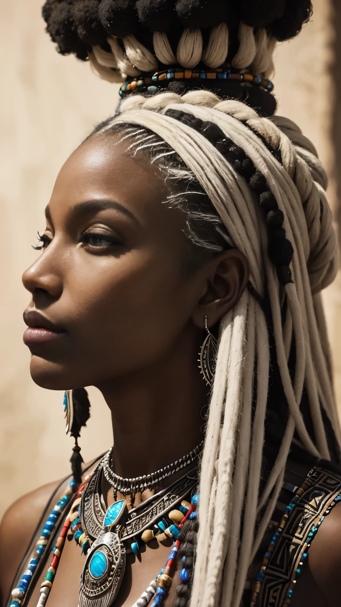 femme noire, African, shaman, skull necklar, jewelery, shaman clothes, dreadlocks, white hair,