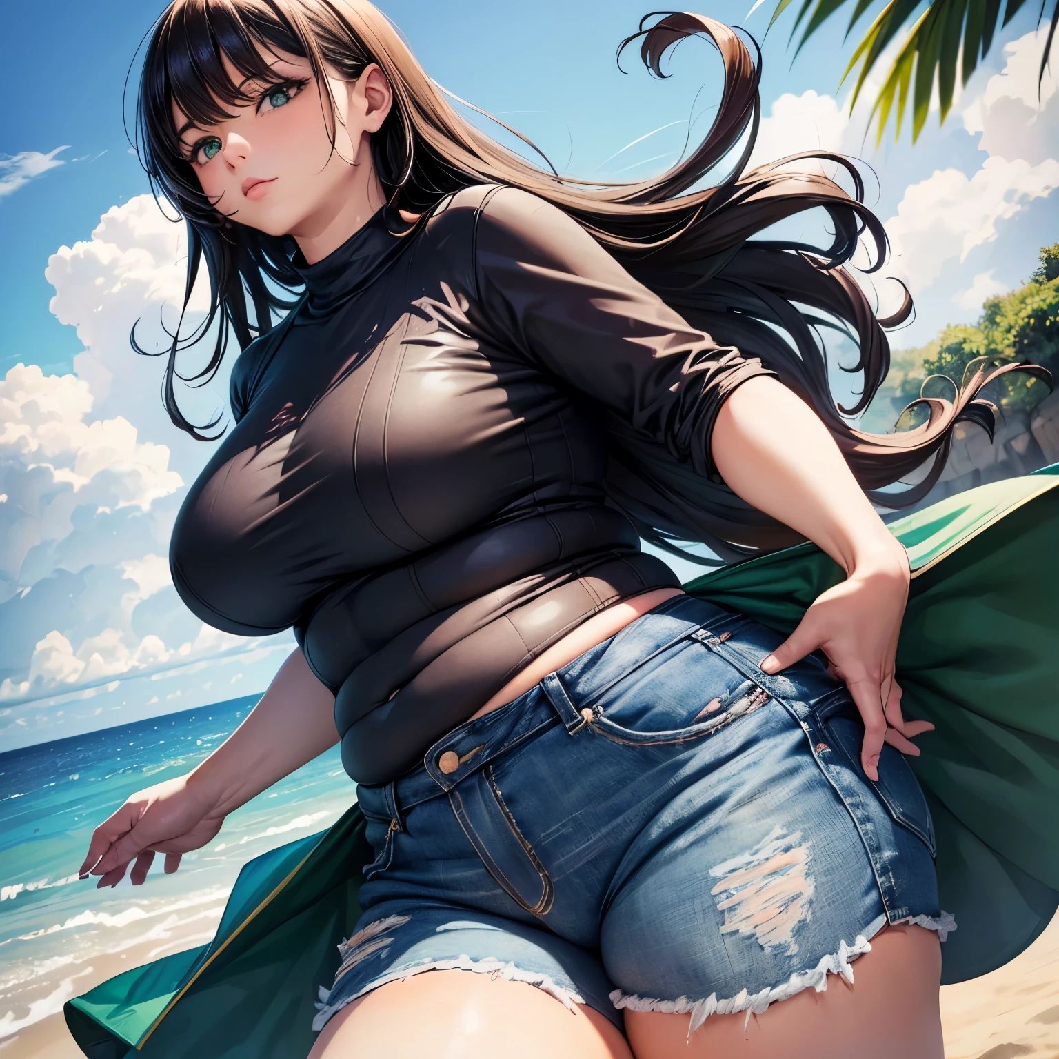 ((Best quality)), ((mastepiece)), (detailled), chubby woman, black long hair, green eyes, too tight top riding up belly, too tight jeans shorts, muffin top, standing at beach