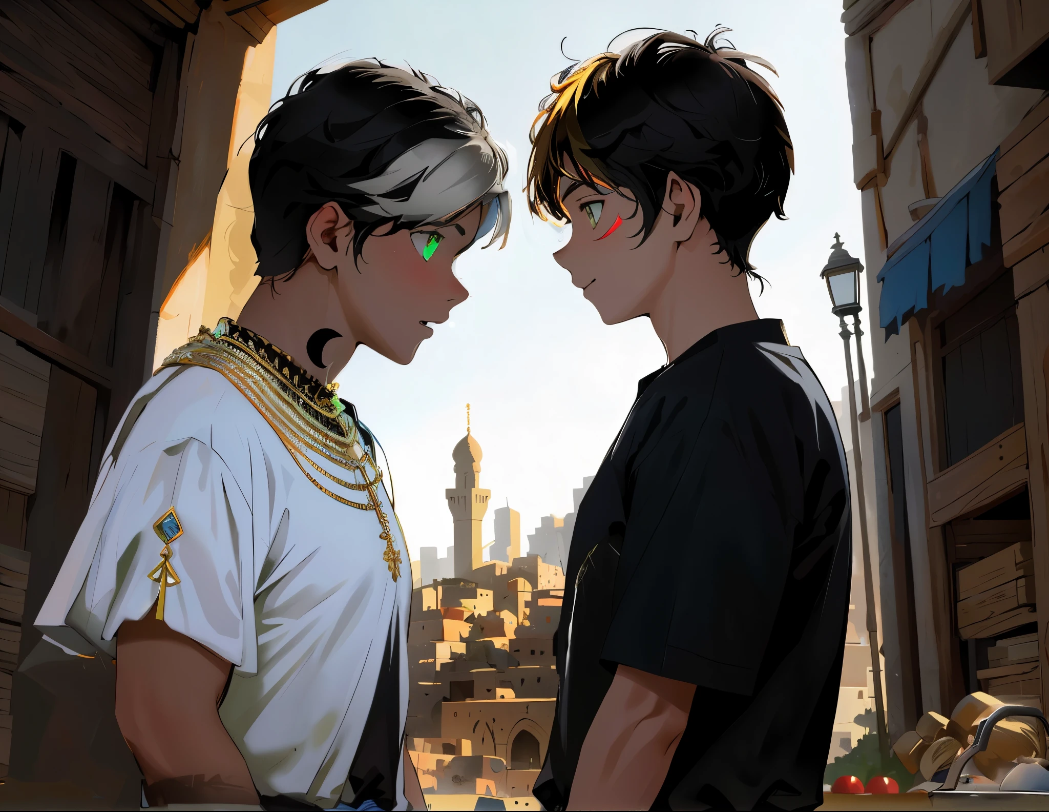 There is a boy with white hair and green eyes with a moon tattooed on his neck. He is amazed to see the other boy&#39;s face.