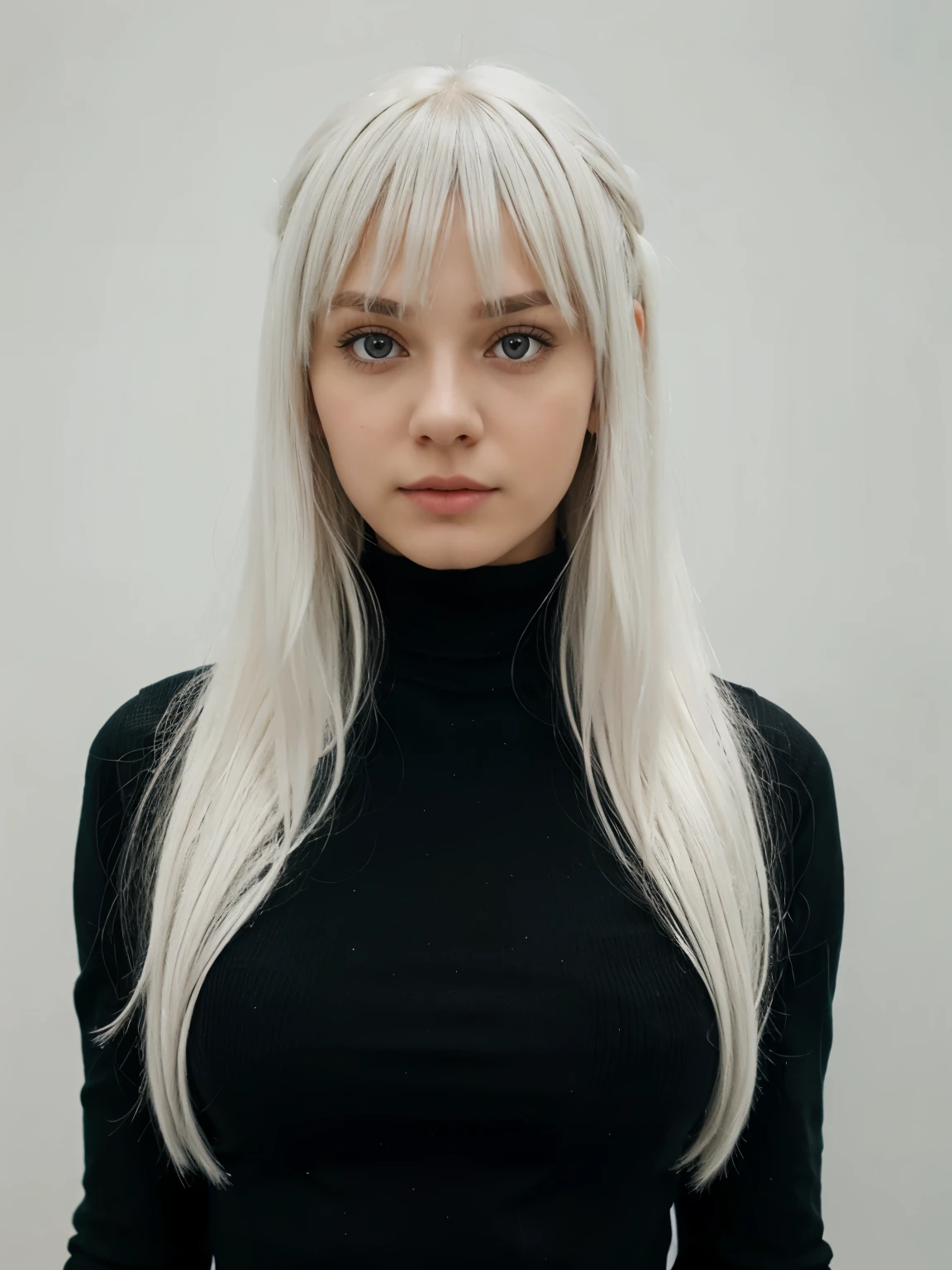 close up on the body of a russian girl with white hair long hair with bangs wearing a black turtleneck, On a white background