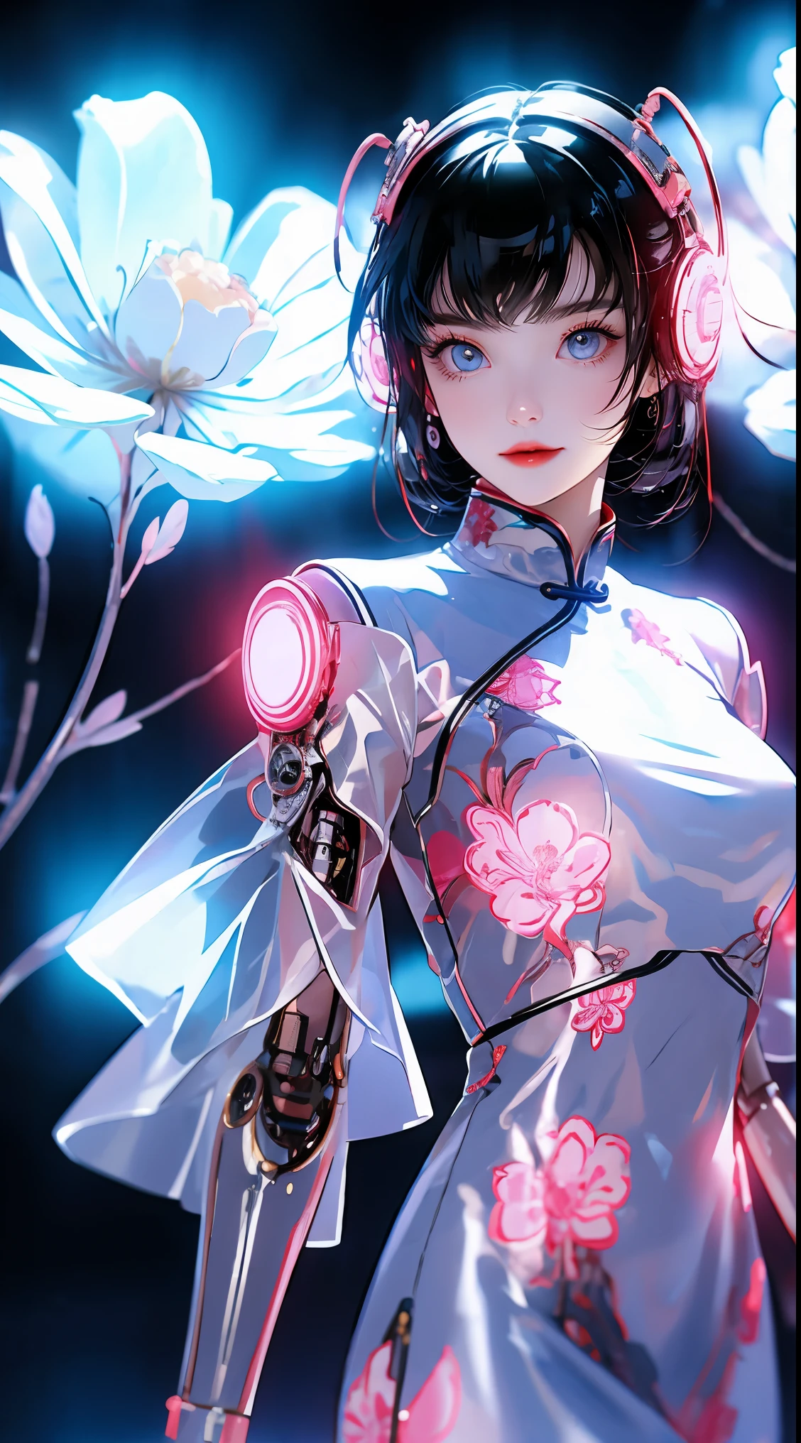 1 girl, Chinese_clothing, liquid silver and pink, cyberhan, cheongsam, cyberpunk city, dynamic poses, Luminous headphones, Luminous hair accessories, long hair, Luminous earrings, glow necklace, cyberpunk, 高science and technology城, full of mechanical and futuristic elements, futuristic, science and technology, glowing neon lights, pink, pink light, Transparent tulle, Transparent streamers, laser,