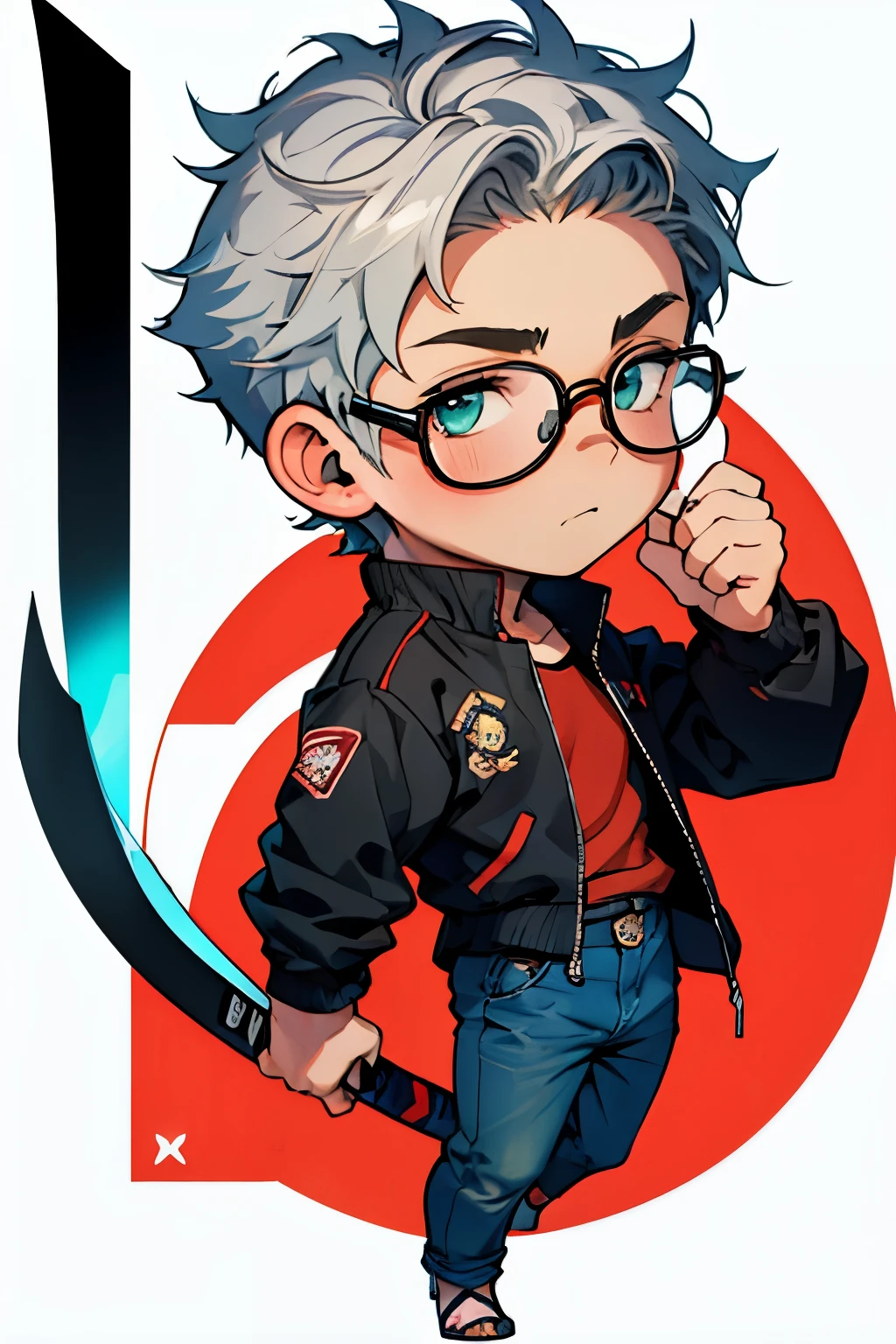 Best quality, masterpiece, high resolution, (a boy: 2), (chibi: 1.6), {{fullbody}}, back to the lens, advanced digital chibi art, round glasses, solo, esport, gamer, straps clothes, black jeans, biker, short white hair, round glasses, very curly hair , round glasses, left blue eye, right green eye, round glasses, red katana in right hand, white background, flat background
