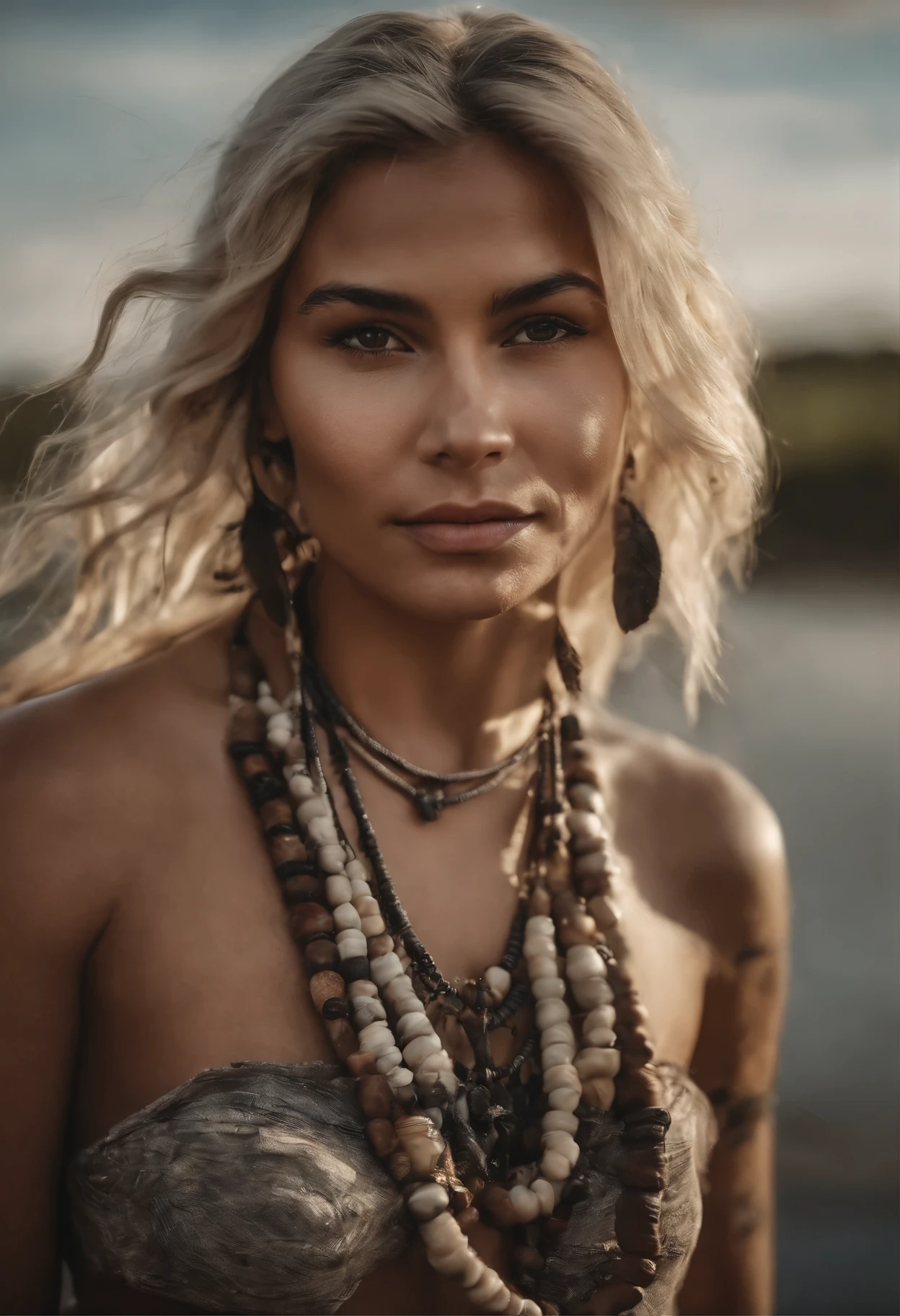 Photo realistic masterpiece hd full body of a nomadic native American , looking at the camera, blonde woman 21 years old with tribel tattoos and colorful hair sitting and hugging a giant white armadillo fish hybrid creature with big eyes