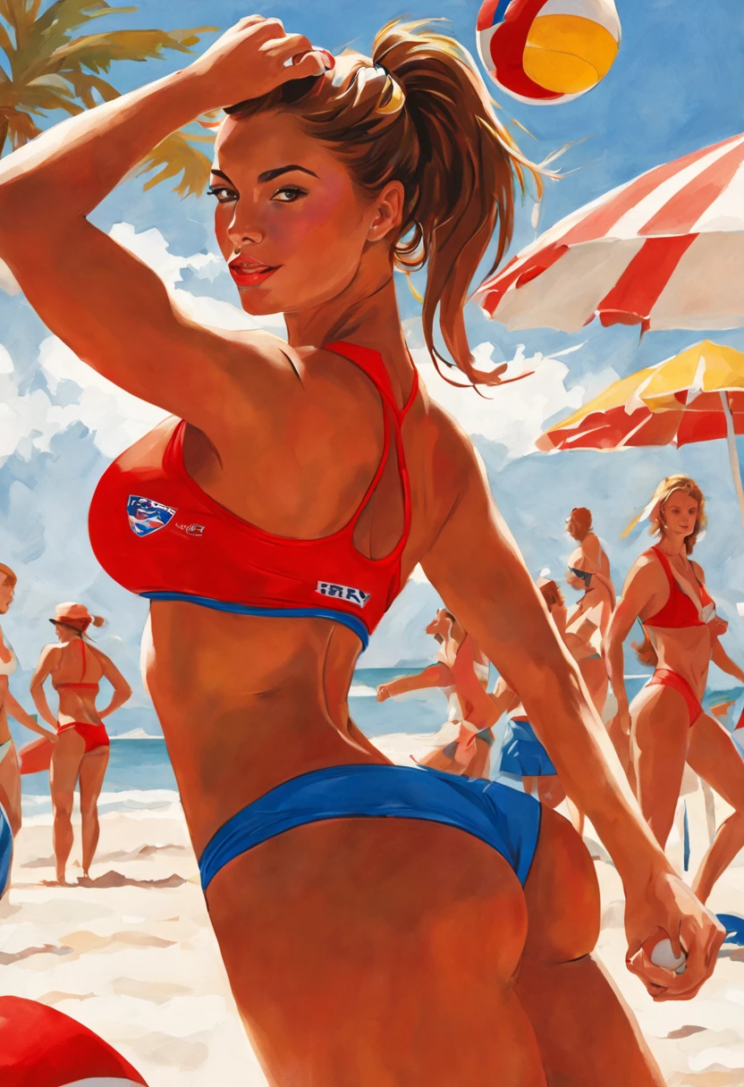 1 Woman, Young woman, , athletic body, full body, sportswoman, beach, sun, summer, woman with tanned body, , sinuous body, beachwear, beachwear with red and blue colors, beach scene, young people play volleyball in the background, more open plan, sexy look, spicy look, inspired by Terry Dodson's illustrations.