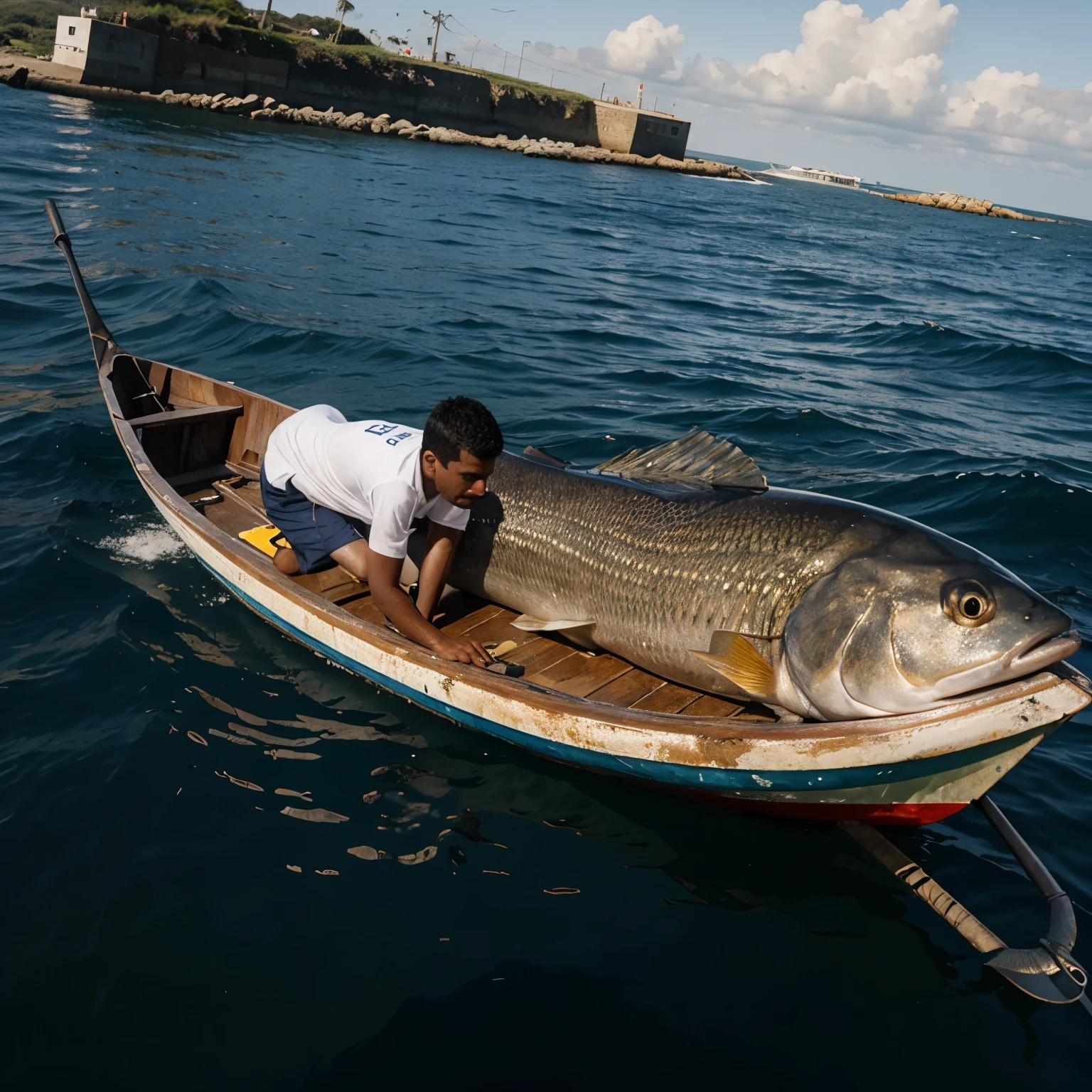 Menino pescando no mar