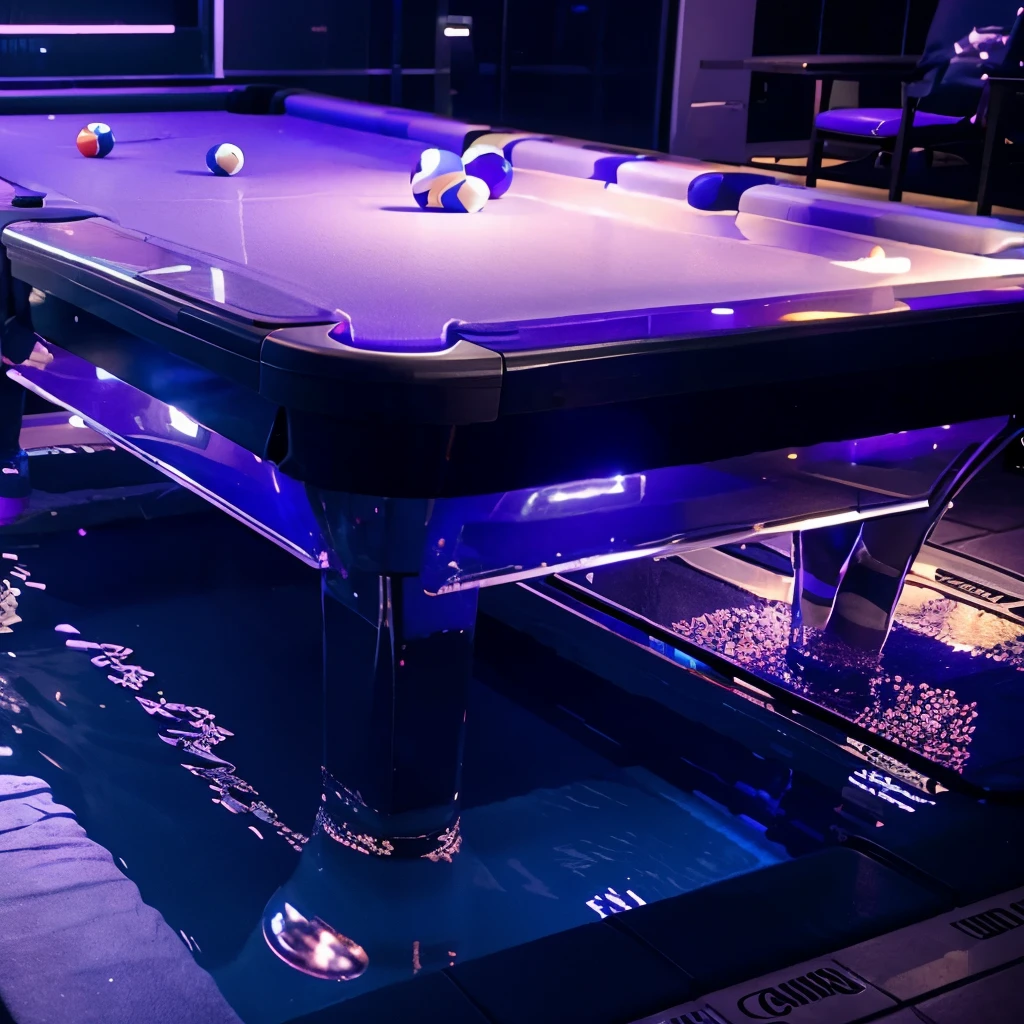 PURPLE POOL TABLE, WITH TRANSPARENT BASE AND LEGS WITH KED LIGHTS INSIDE, NEON GLOW IN THE DARK POOL BALLS, HIGH RESOLUTION PHOTO 8K