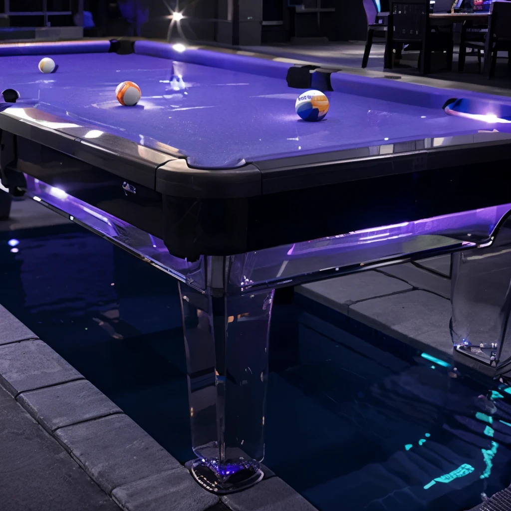 PURPLE POOL TABLE, WITH TRANSPARENT BASE AND LEGS WITH KED LIGHTS INSIDE, NEON GLOW IN THE DARK POOL BALLS, HIGH RESOLUTION PHOTO 8K