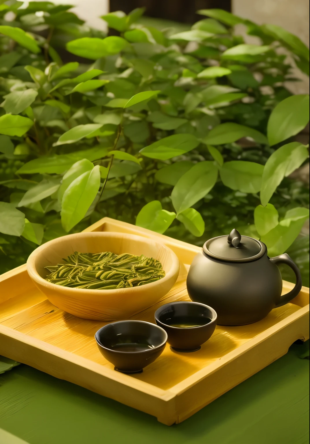 there is a bowl of green beans and a Teapot on a tray, green Tea, Tea ceremony scene, assam Tea garden setting, assam Tea garden background, background: assam Tea garden, assam Tea village background, Tea, on wooden pallet, blinds, Stock, Beijing, High quality product image”, author:Shen Zhezi, Hangzhou