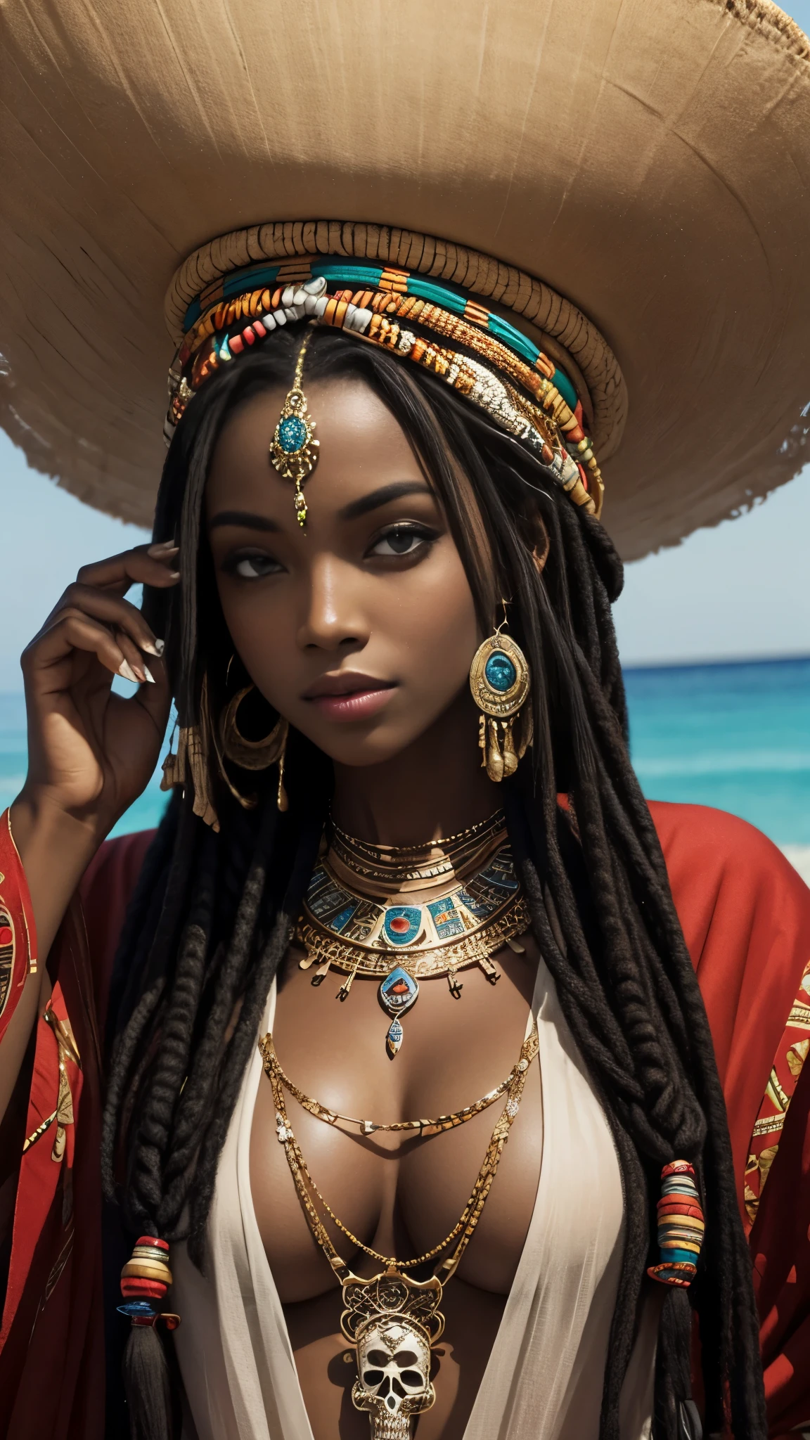 femme noire, africain, Chaman, skull necklace, bijoux, Chaman clothes, dreadlocks, cheveux blancs,