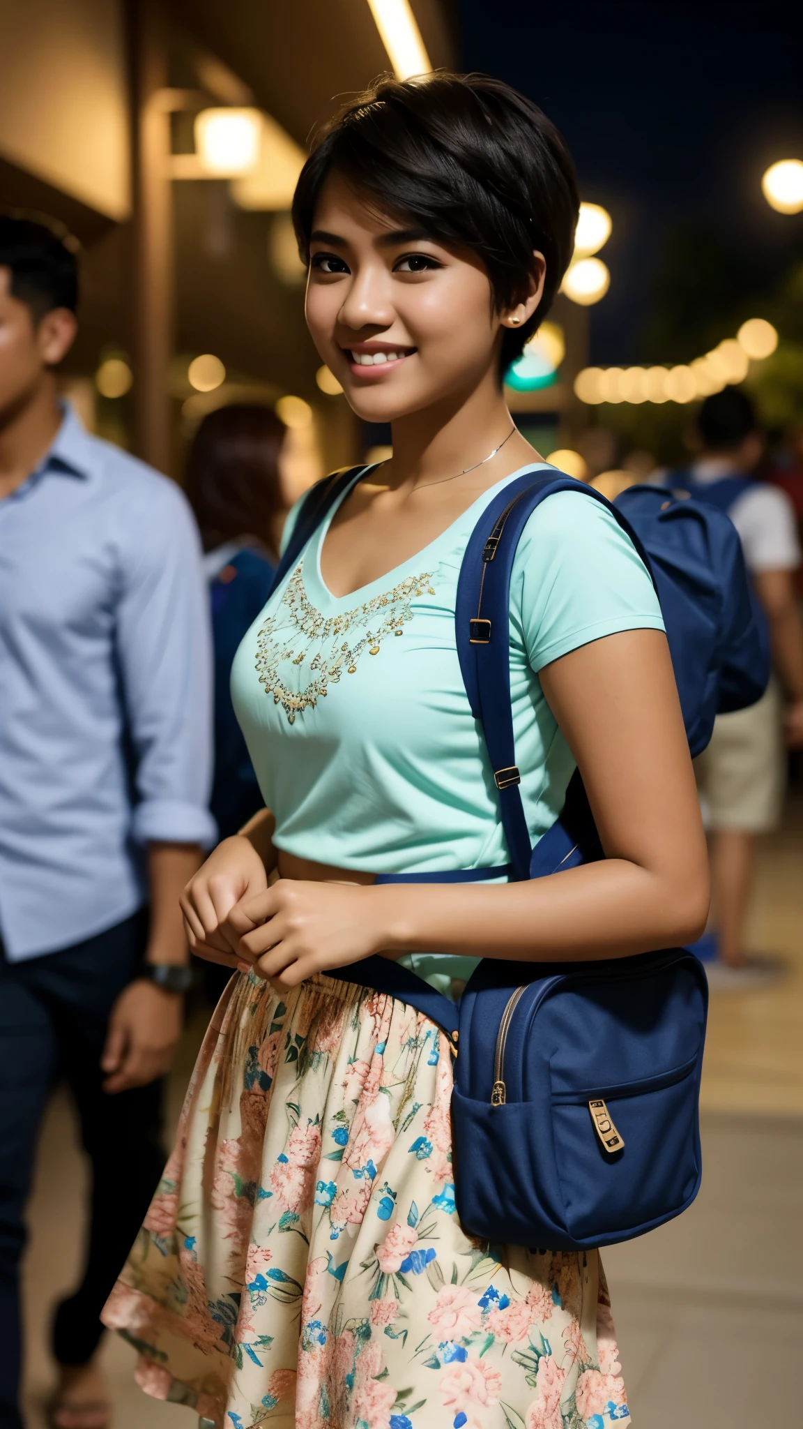 Dark skin Malay girl (mira filzah:0.8) short hair wear small floral pastel color baju kurung malaysia in college, wear back pack, front view, pixie cut hair, detail skin, detail skin texture, mole below eyes, small breast, flat chest, big hip, big waist, big thigh, slim abs, beautiful body, nighttime, laughing, happy, bright lighting, college student in background, crowded college, blur background, bokeh,