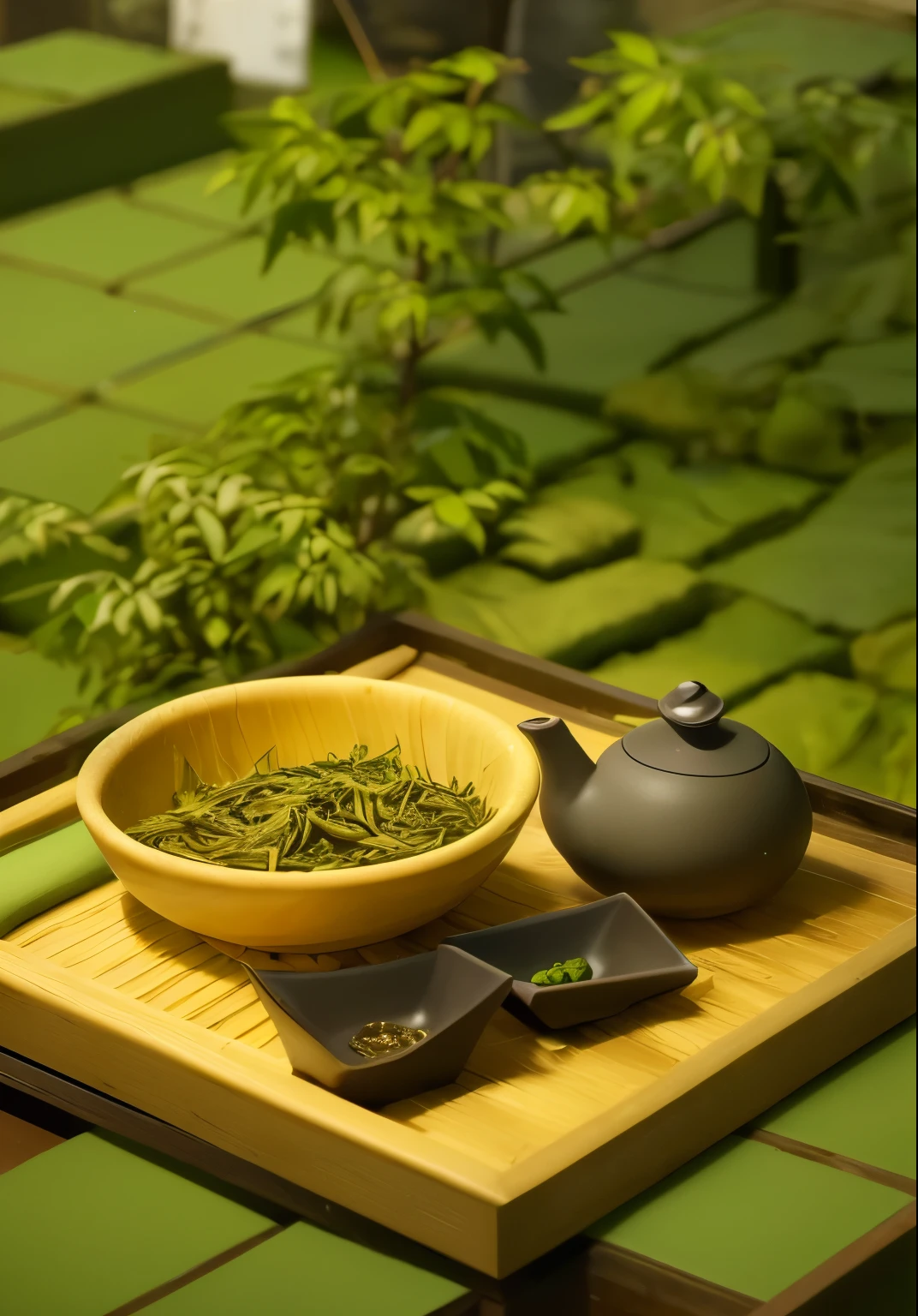 there is a bowl of green beans and a Teapot on a tray, green Tea, Tea ceremony scene, assam Tea garden setting, assam Tea garden background, background: assam Tea garden, assam Tea village background, Tea, on wooden pallet, blinds, Stock, Beijing, High quality product image”, author:Shen Zhezi, Hangzhou