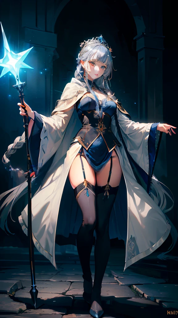 masterpiece, ultra detailed, 8k portrait, RAW photo, portrait photography, highly detailed face, beautiful and meticulous eyes, ((Fantasy)), Young beautiful, 22 years old, dynamic pose, (((expressionless))), (((blue gray colored hair))), ((one side braided with orange hair ribbon))), blunt bangs, White skin color, ((silver tiara)), Luxury, (((silver Silk Long Cloak))), (((Gorgeous Deep blue long robe))), (((dark thigh high tights))), high cut leather boots, ((lift up long magical staff)), Midday Sun, hyper realistic, Body model, Small breasts, Beautiful breasts, Long legs, in the castle, Ambient lighting, Shadow details , Camera focus on thigh, strong breeze, Light fog