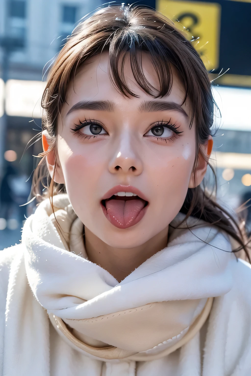 Audrey Hepburn、1 girl,debris flies,,award winning photos, very detailed, focus the eyes clearly, nose and mouth,face focus, super close up of face、woman with open mouth and closed eyes,20-year-old,black hair、symmetrical face,realistic nostrils、angle from below、elongated C-shaped nostrils,,,,,,,,,,,NSFW,sweaty and shiny skin、skin shining with sweatを強調する照明、((sharp nose))skin shining with sweat、shiny skin、sweaty hair、sun'Rays shine、(wrinkles between eyebrows))(cum on tongue)、deep kiss、((thin eyebrows))oily skin、glistening shining skin、double eyelid、wet and shiny tongue、Beautiful face woman with wet tongue full of foam、Beautiful woman、medium hair,roll your eyes、shortcut、Harajuku street、winter、modern coat、scarf、