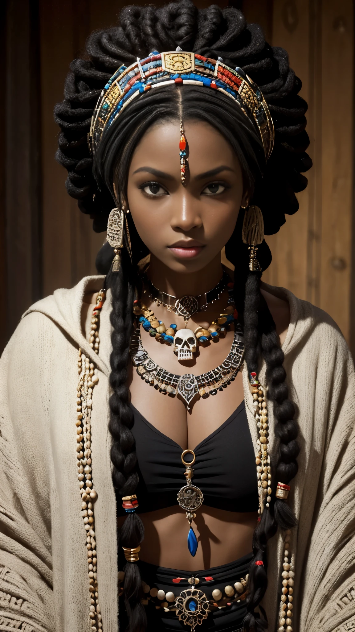 femme noire, africain, Chaman, skull necklace, bijoux, Chaman clothes, dreadlocks, cheveux blancs,