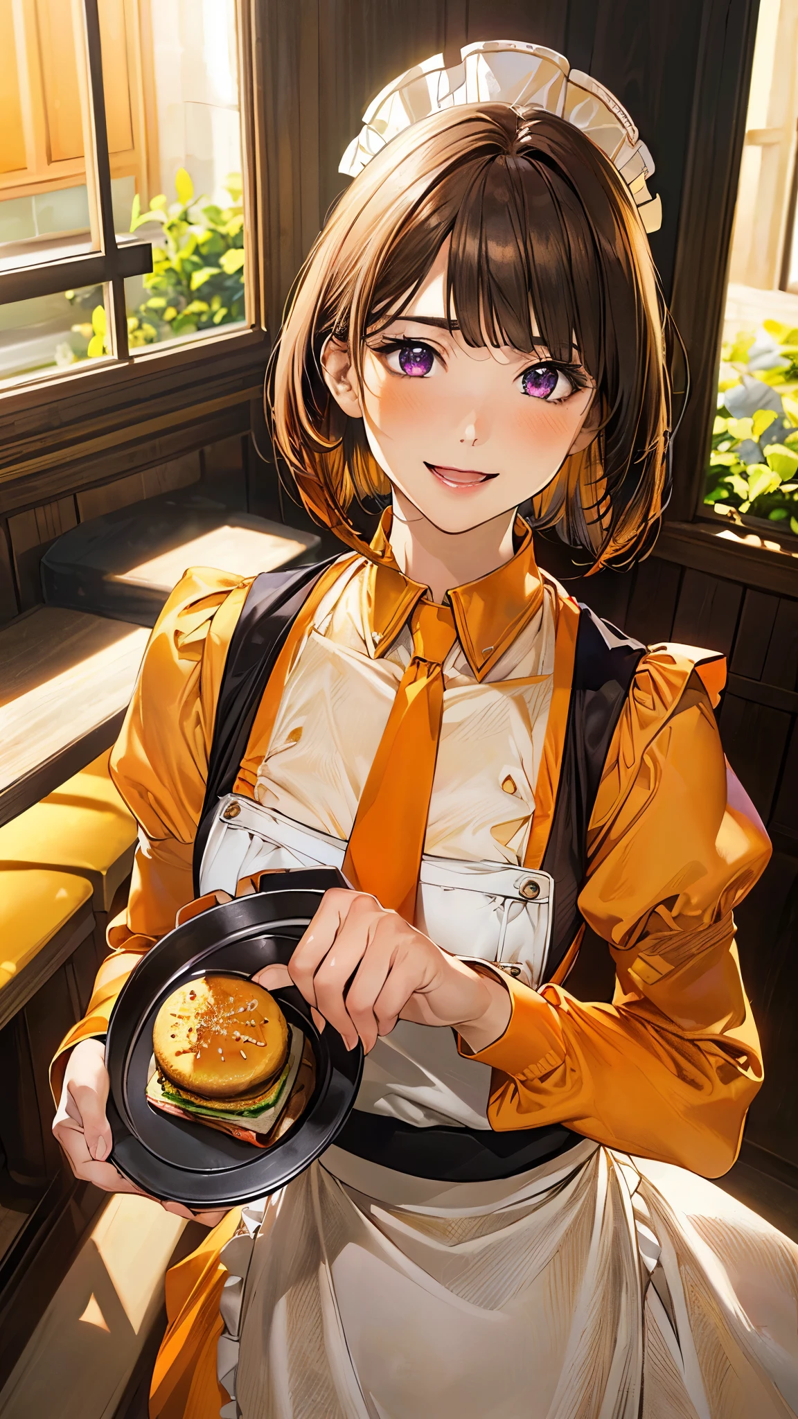 (masterpiece:1.2, top-quality), (realistic, photorealistic:1.4), beautiful illustration, (natural side lighting, movie lighting), , 
looking at viewer, (face focus, upper body), 1 girl, high school girl, japanese, perfect face, perfect anatomy, cute and symmetrical face, small face, round face, shiny skin, 
(short hair:1.6, bob cut:1.5, brown hair, view diagonally from the right), asymmetrical bangs, purple eyes, long eye lasher, (middle breasts), slender, 
beautiful hair, beautiful face, beautiful detailed eyes, beautiful clavicle, beautiful body, beautiful chest, beautiful thigh, beautiful legs, beautiful fingers, 
((symmetrical clothing, (waitress uniform:1.2), orange yellow uniform, yellow sleeves, orange skirt, orange necktie, white apron, sun visor)), 
(beautiful scenery), depth of field, morning, (fast food shops), ((wave your right hand)), (holding the tray in your left hand), girl posing in front of window, (happy smile, open mouth), 