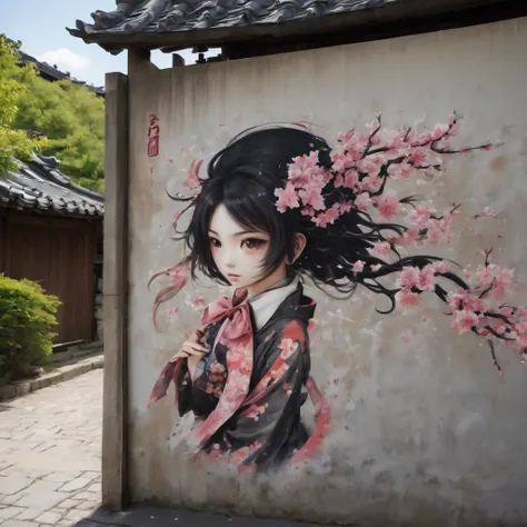 (masterpiece, best quality), graffiti of a magical sakura maiden, on a street wall, signed by the word "tupu".