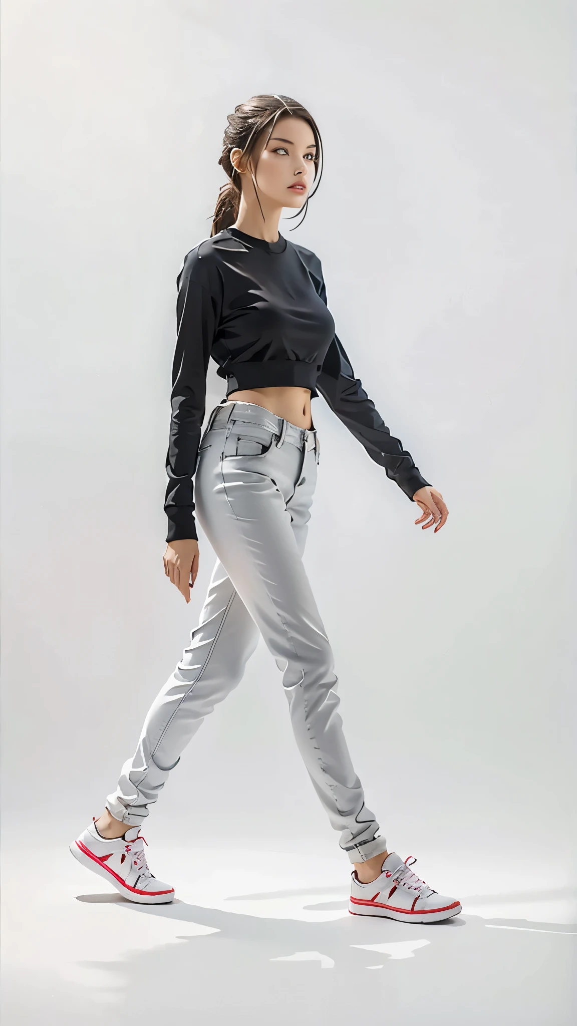 16K, Masterpiece, photorealism, A girl walks to her full height, a girl with dark long hair, a girl dressed in a white top, light jeans, white sneakers, white background,