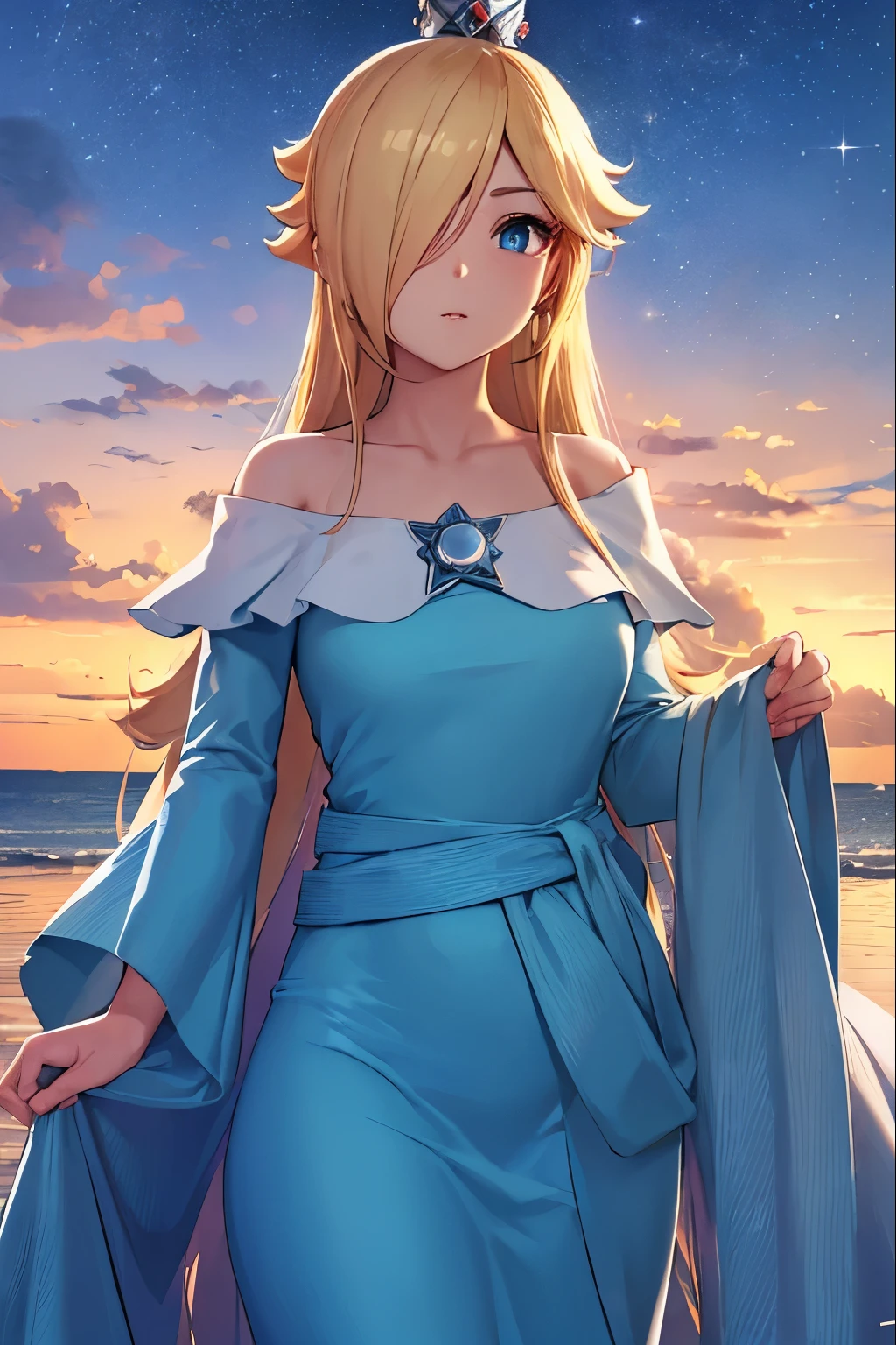 Rosalina, Rosalina, Blonde hair, blue eyes, hair over one eye, long hair, BREAK blue dress, sky-high panties, crown, dress, earrings, jewelry, princess, cape, star earrings, BREAK night, night sky, sky, star \(sky\), star \(symbol\), space, sun, BREAK looking at the viewer, (cowboy photo: 1.5), BREAK (art: 1.2), best quality, high resolution, 8k unity wallpaper, (art: 0.8), (beautiful detailed eyes: 1.6), extremely detailed face, perfect lighting, extremely detailed CG, (perfect hands, perfect anatomy),