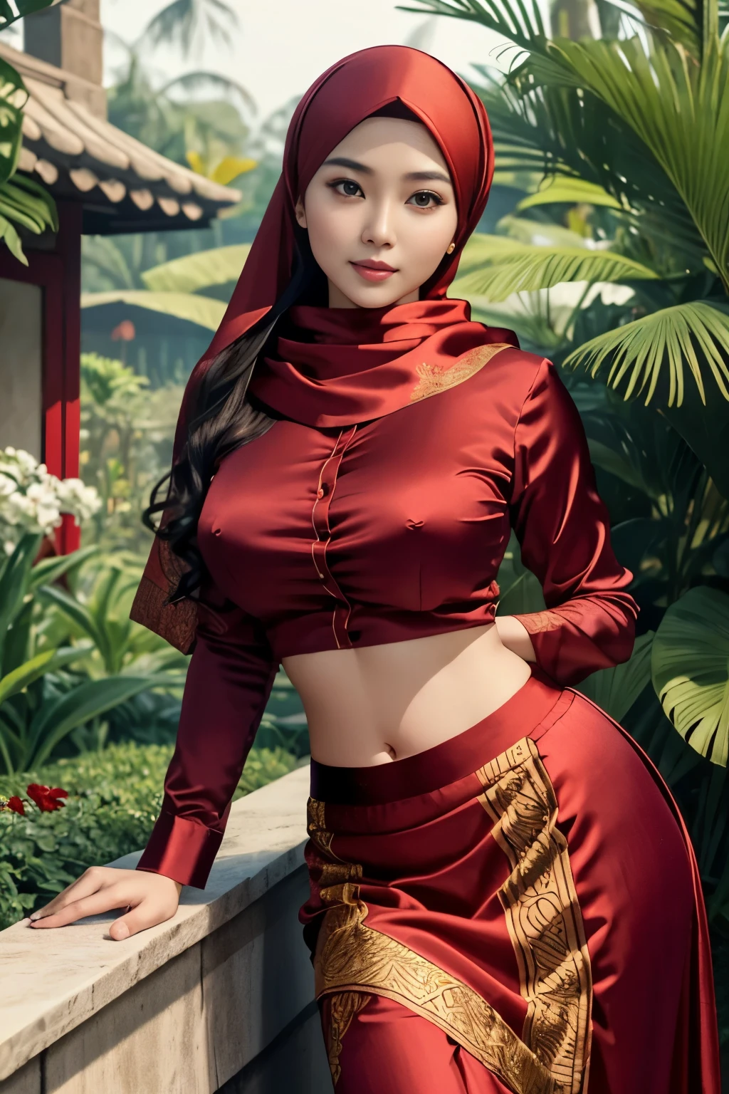 (masterpiece),
30 year old Indonesian woman
super detailed, super detailed, 4k, high resolution,
best quality, clear picture,
expressive face, perfect face, very smooth face, chubby face,
expressive eyes, delicate eyes, double eyelids,
Perfect hands, perfect fingers, detailed fingers,
Perfect legs, detailed legs,
lip detail,
long wavy hair,
white skin, pale skin, perfect skin, sweaty skin,
(super busty body), tall body, plump,
(slim stomach),
sexy thighs,
((red satin hijab)), ((long satin shirt, long sleeves, red)), ((red satin batik maxi skirt)),
looking towards the audience,
Pose seductively in the flower garden