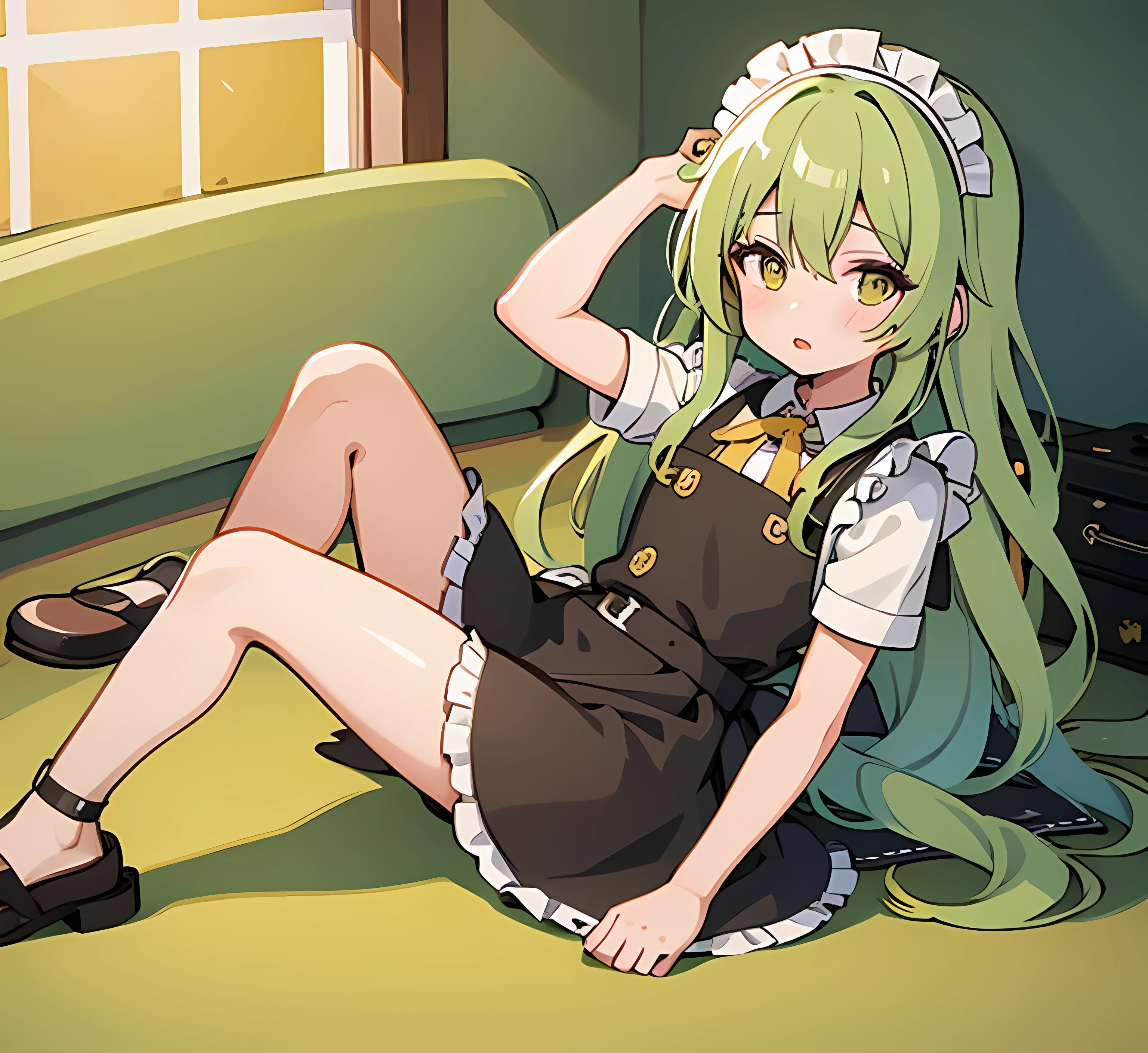 1 girl, alone, masterpiece, highest quality, looking at the viewer, long hair, wavy hair, yellow-green hair, black maid apron, maid, very cute, whole body