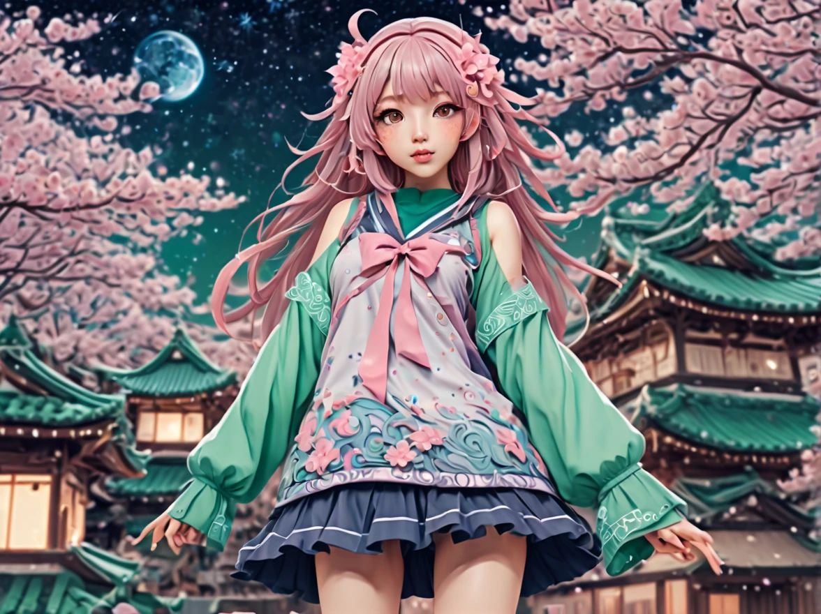 (best quality, highres, ultra sharp), (magical cute sakura maiden:1.2). with (exaggerated hair, huge fluffy hair, expanded hair, exagerated voluminous hair, small freckles, green sweater with small dots, details, horsehair, fluffy, socks, magic background, cute art deco buildings, flowing lines, clean and crisp outlines, zentangle hair style, zentangle, starry sky, 3d crunch, cinematic, full body with long legs, from head to shoes, multiple sides view, split image in 2 parts,