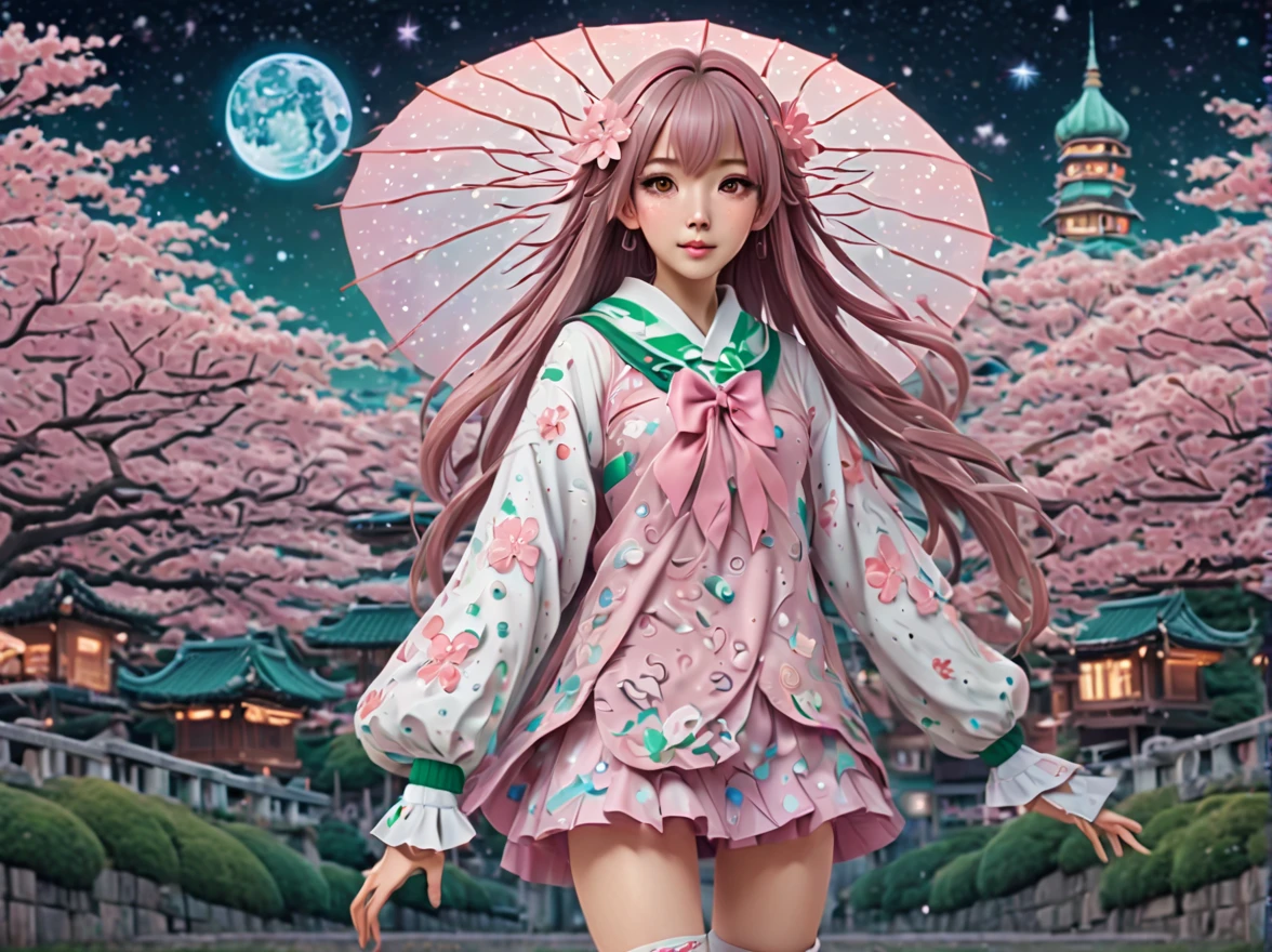 (best quality, highres, ultra sharp), (magical cute sakura maiden:1.2). with (exaggerated hair, huge fluffy hair, expanded hair, exagerated voluminous hair, small freckles, green sweater with small dots, details, horsehair, fluffy, socks, magic background, cute art deco buildings, flowing lines, clean and crisp outlines, zentangle hair style, zentangle, starry sky, 3d crunch, cinematic, full body with long legs, from head to shoes, multiple sides view, split image in 2 parts,
