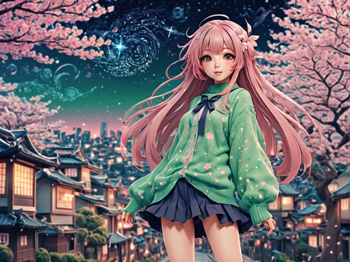 (best quality, highres, ultra sharp), (magical cute sakura maiden:1.2). with (exaggerated hair, huge fluffy hair, expanded hair, exagerated voluminous hair, small freckles, green sweater with small dots, details, horsehair, fluffy, socks, magic background, cute art deco buildings, flowing lines, clean and crisp outlines, zentangle hair style, zentangle, starry sky, 3d crunch, cinematic, full body with long legs, from head to shoes, multiple sides view, split image in 2 parts,