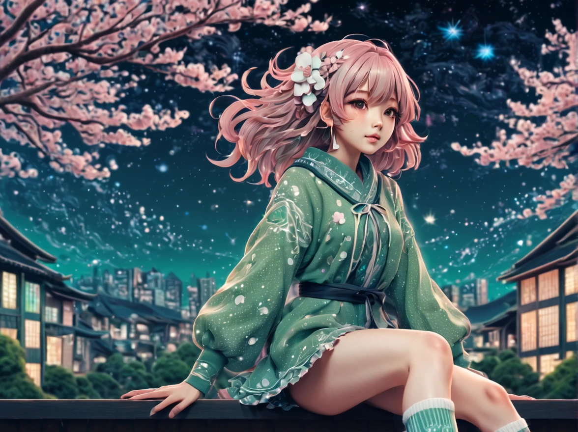 (best quality, highres, ultra sharp), (magical cute sakura maiden:1.2). with (exaggerated hair, huge fluffy hair, expanded hair, exagerated voluminous hair, small freckles, green sweater with small dots, details, horsehair, fluffy, socks, magic background, cute art deco buildings, flowing lines, clean and crisp outlines, zentangle hair style, zentangle, starry sky, 3d crunch, cinematic, full body with long legs, from head to shoes, multiple sides view, split image in 2 parts,