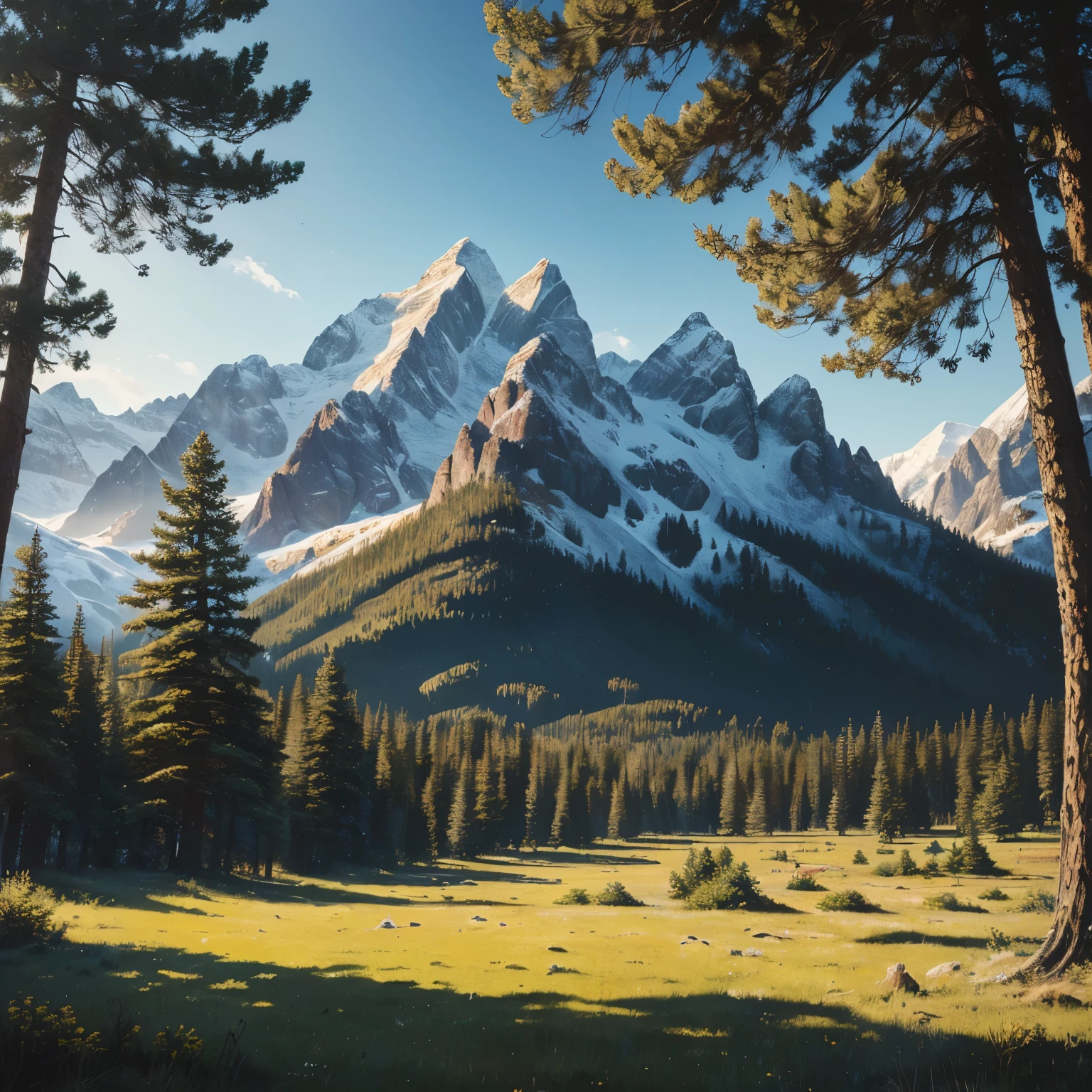 (best quality, 4k, 8k, highres, masterpiece:1.2), ultra-detailed, (realistic, photorealistic, photo-realistic:1.37), Acrylic painting, Encaustic, Loose Brush strokes, Texture, Mountains, scotch pine Trees, birds, Colorful palette, Soft lighting