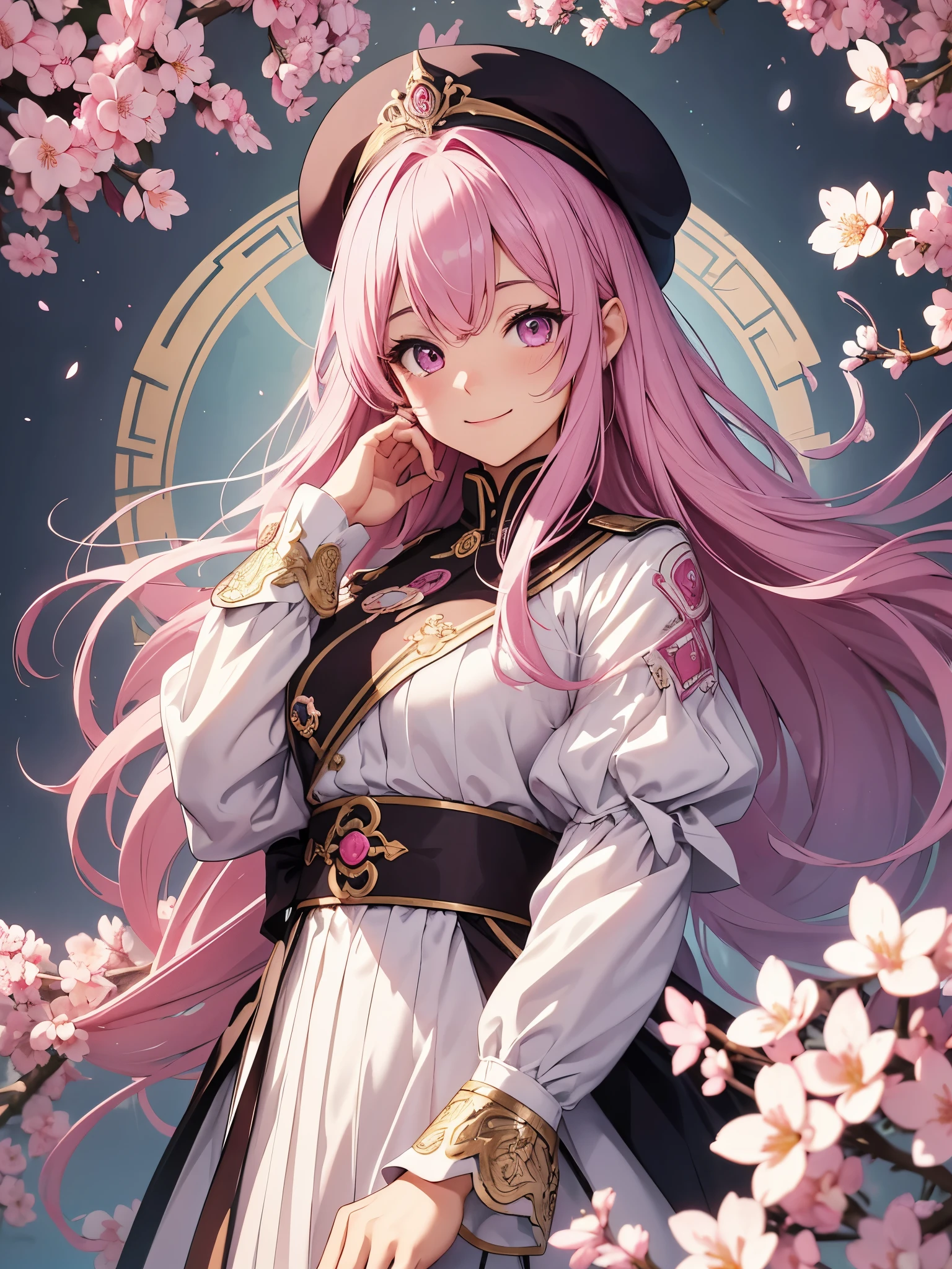 （muste piece）（High definition）20th generation women、pink eyes、alone、smile、cherry blossom hair（Vertical roll）A uniform that looks like a fantasy arrangement、beret、both hands bent、Sword on the back（Decoration in the style of the Middle Ages）、art nouveau background